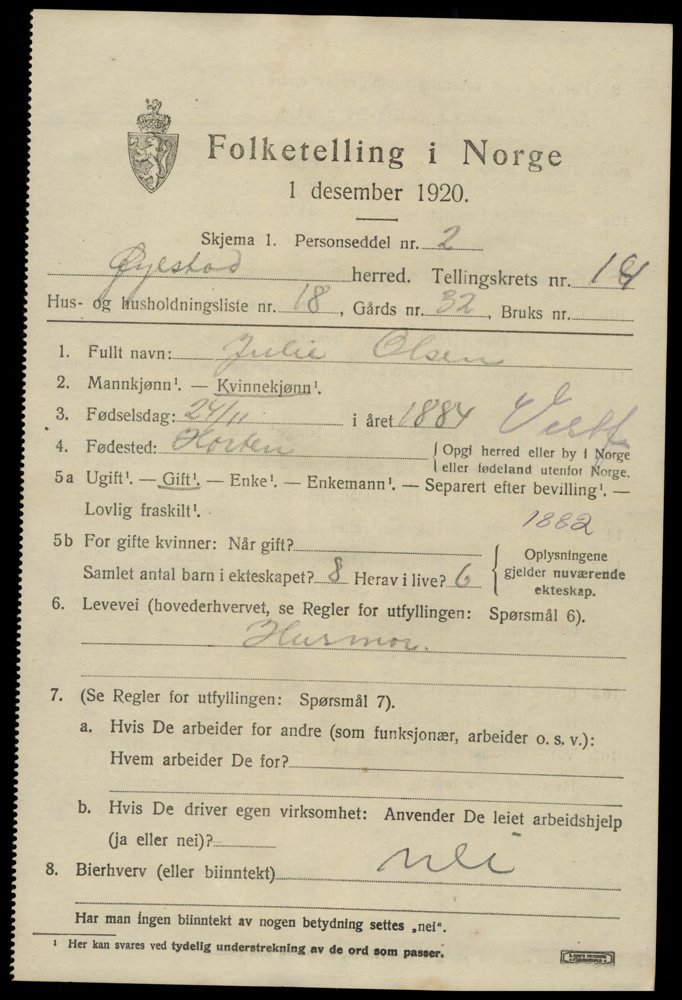 SAK, 1920 census for Øyestad, 1920, p. 9408