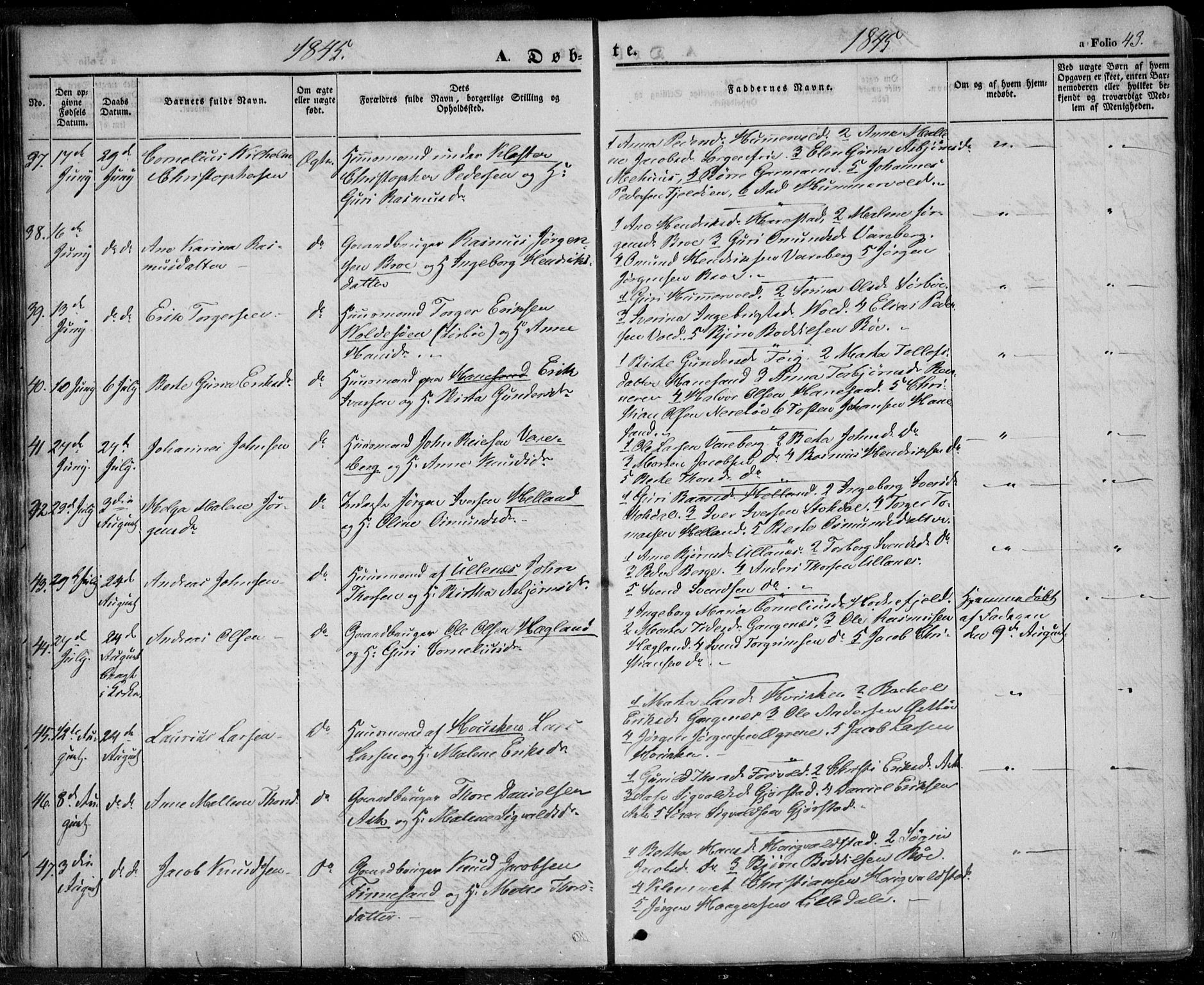 Rennesøy sokneprestkontor, AV/SAST-A -101827/H/Ha/Haa/L0005: Parish register (official) no. A 5, 1838-1859, p. 43