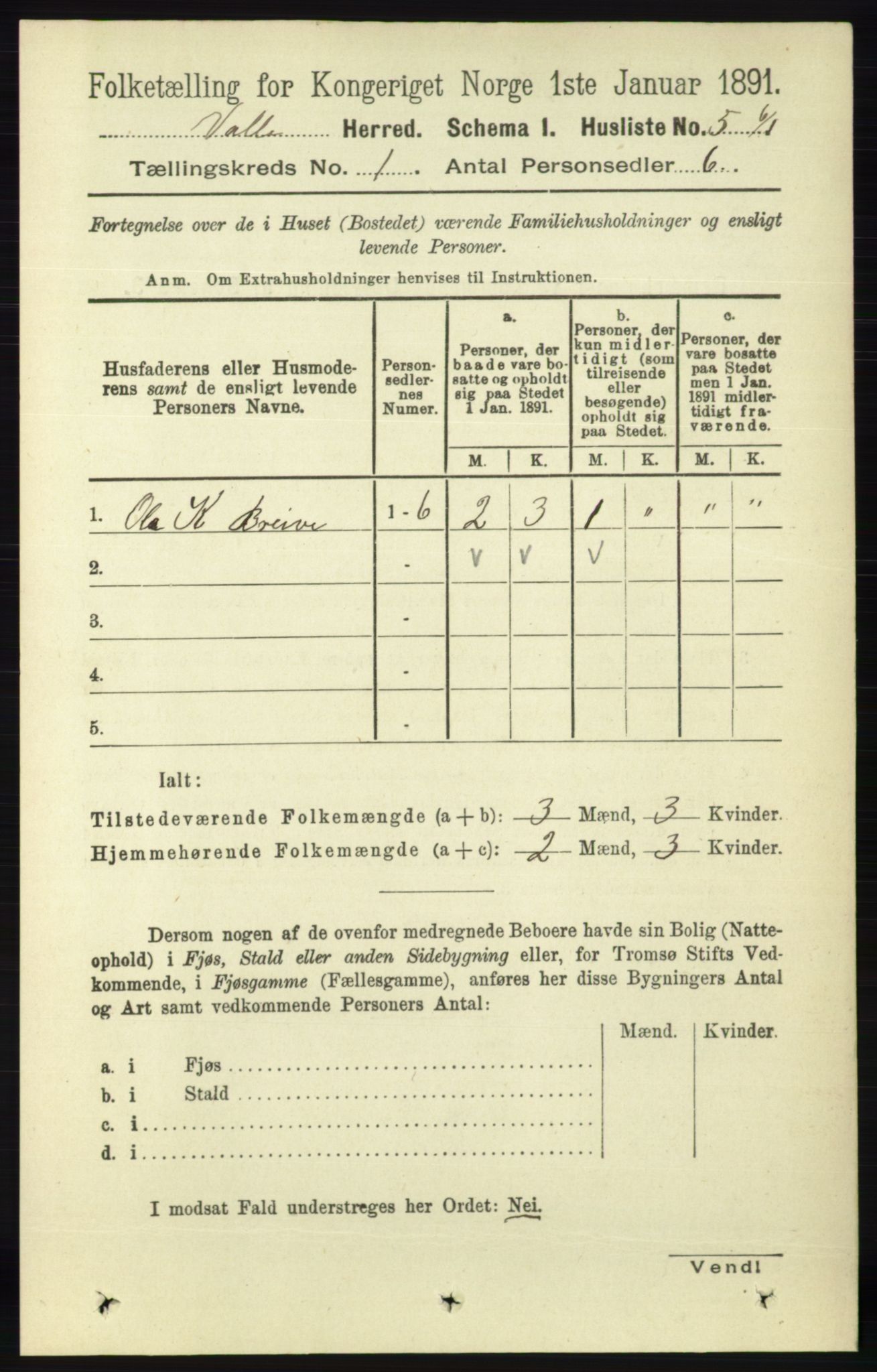 RA, 1891 census for 0940 Valle, 1891, p. 29