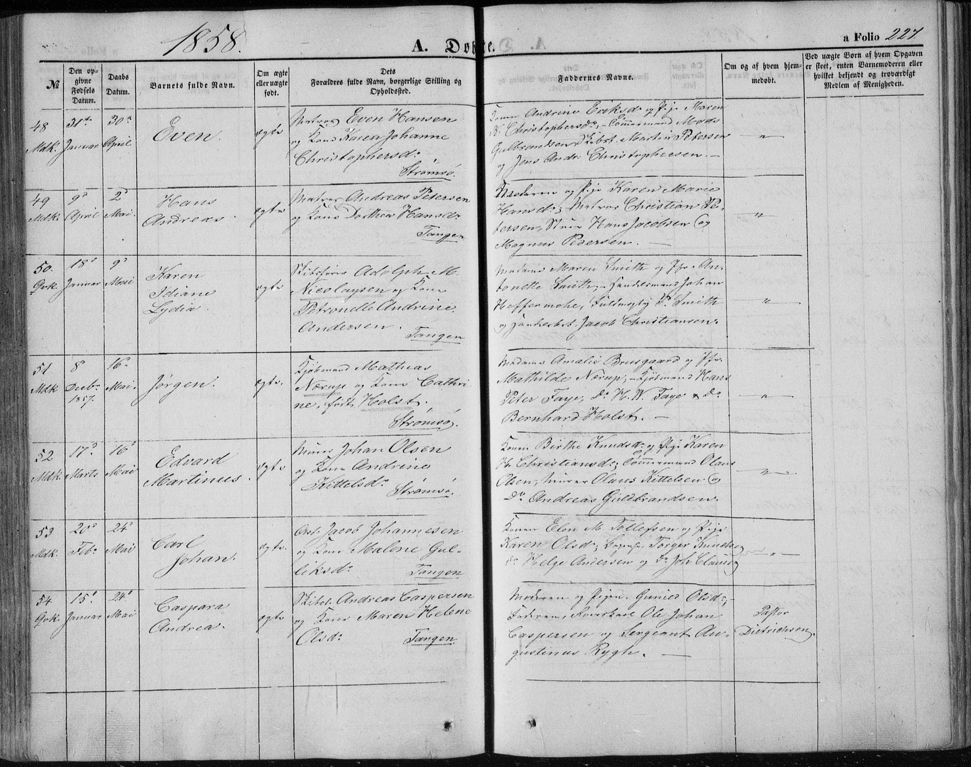 Strømsø kirkebøker, AV/SAKO-A-246/F/Fa/L0014: Parish register (official) no. I 14, 1848-1858, p. 227