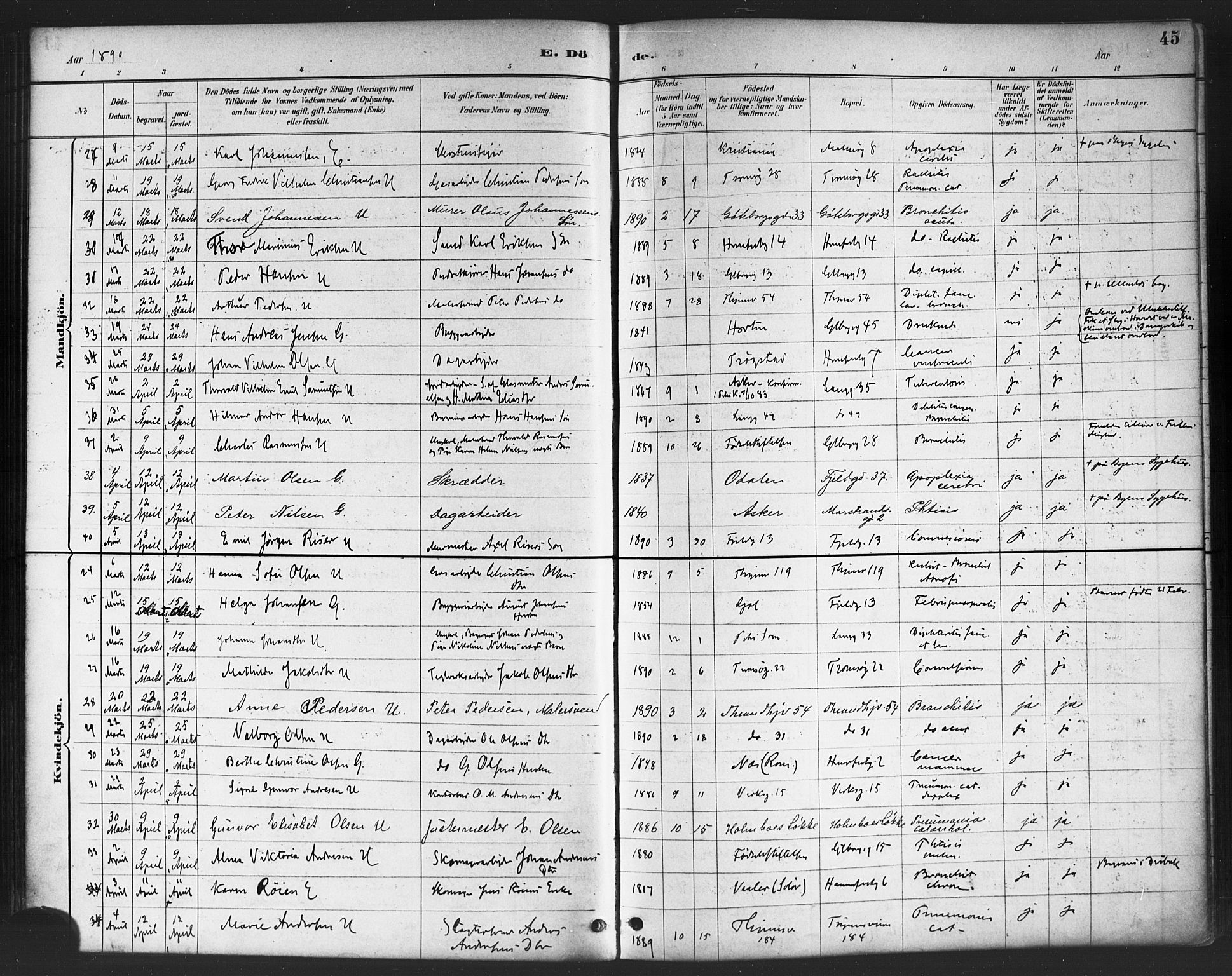 Petrus prestekontor Kirkebøker, AV/SAO-A-10872/F/Fa/L0003: Parish register (official) no. I 3, 1885-1903, p. 45