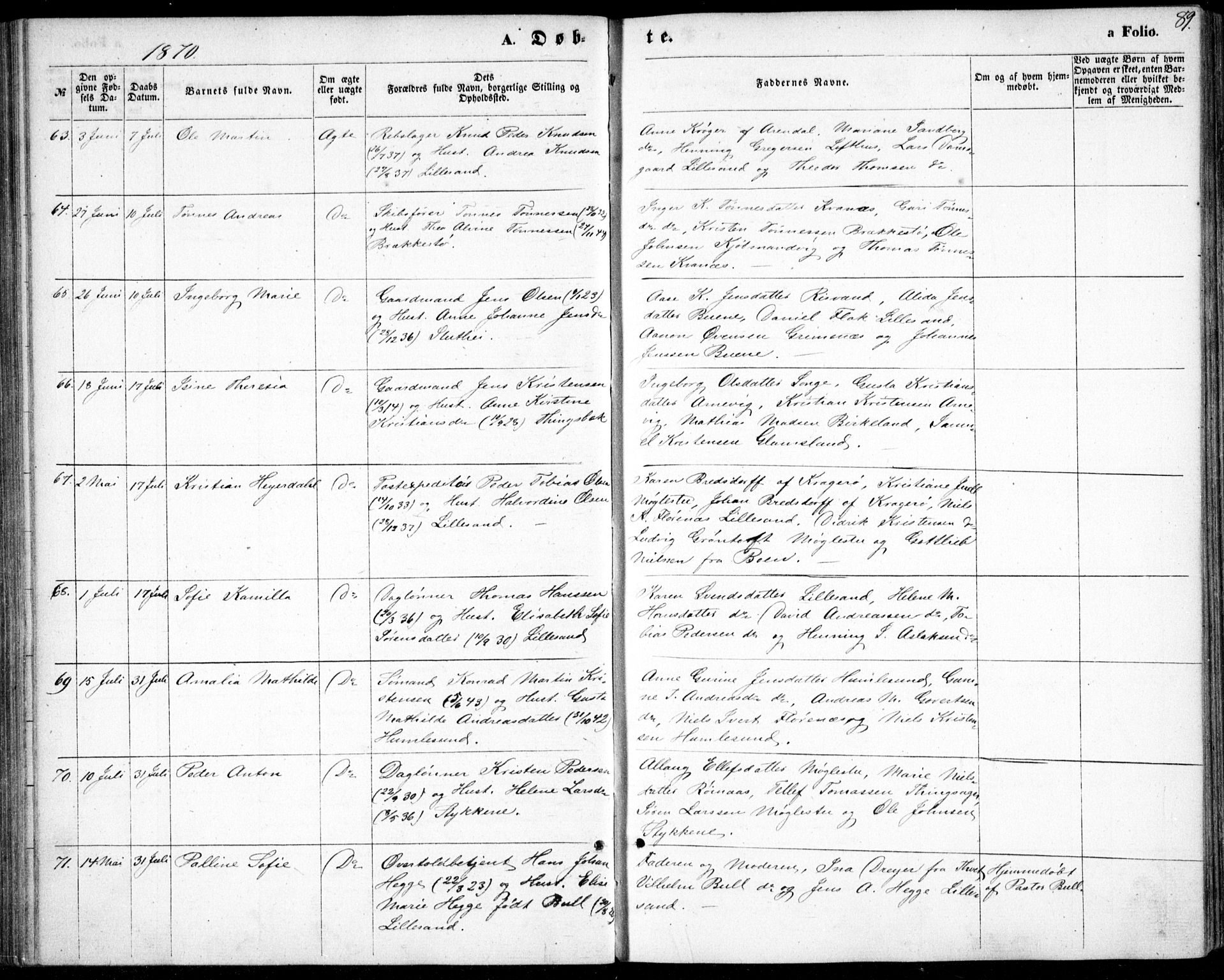Vestre Moland sokneprestkontor, SAK/1111-0046/F/Fb/Fbb/L0004: Parish register (copy) no. B 4, 1861-1872, p. 89