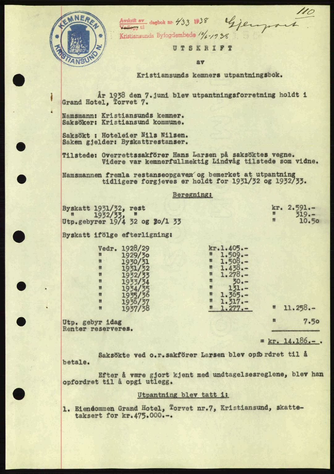 Kristiansund byfogd, AV/SAT-A-4587/A/27: Mortgage book no. 31, 1938-1939, Diary no: : 433/1938