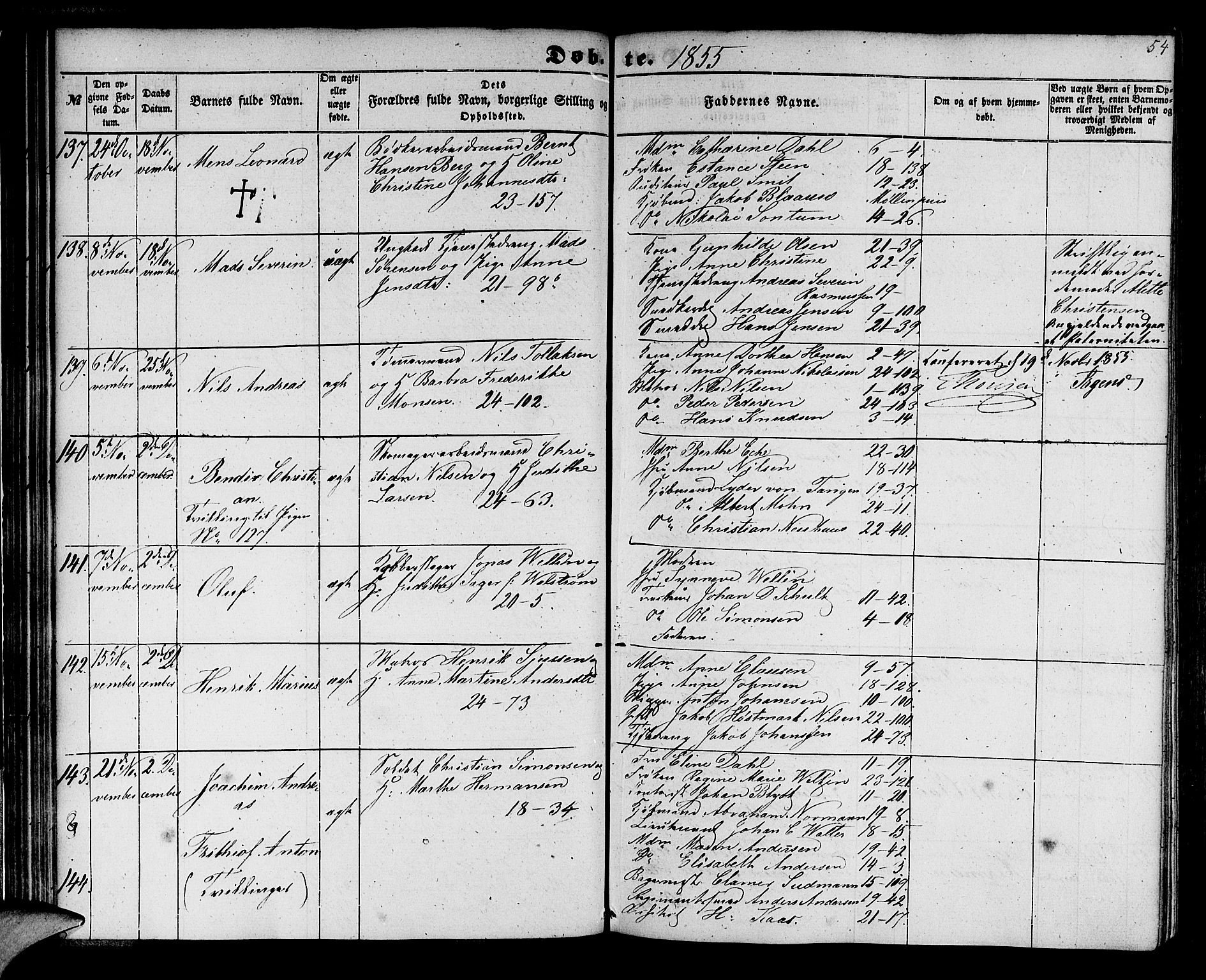 Korskirken sokneprestembete, AV/SAB-A-76101/H/Hab: Parish register (copy) no. B 3, 1853-1858, p. 54