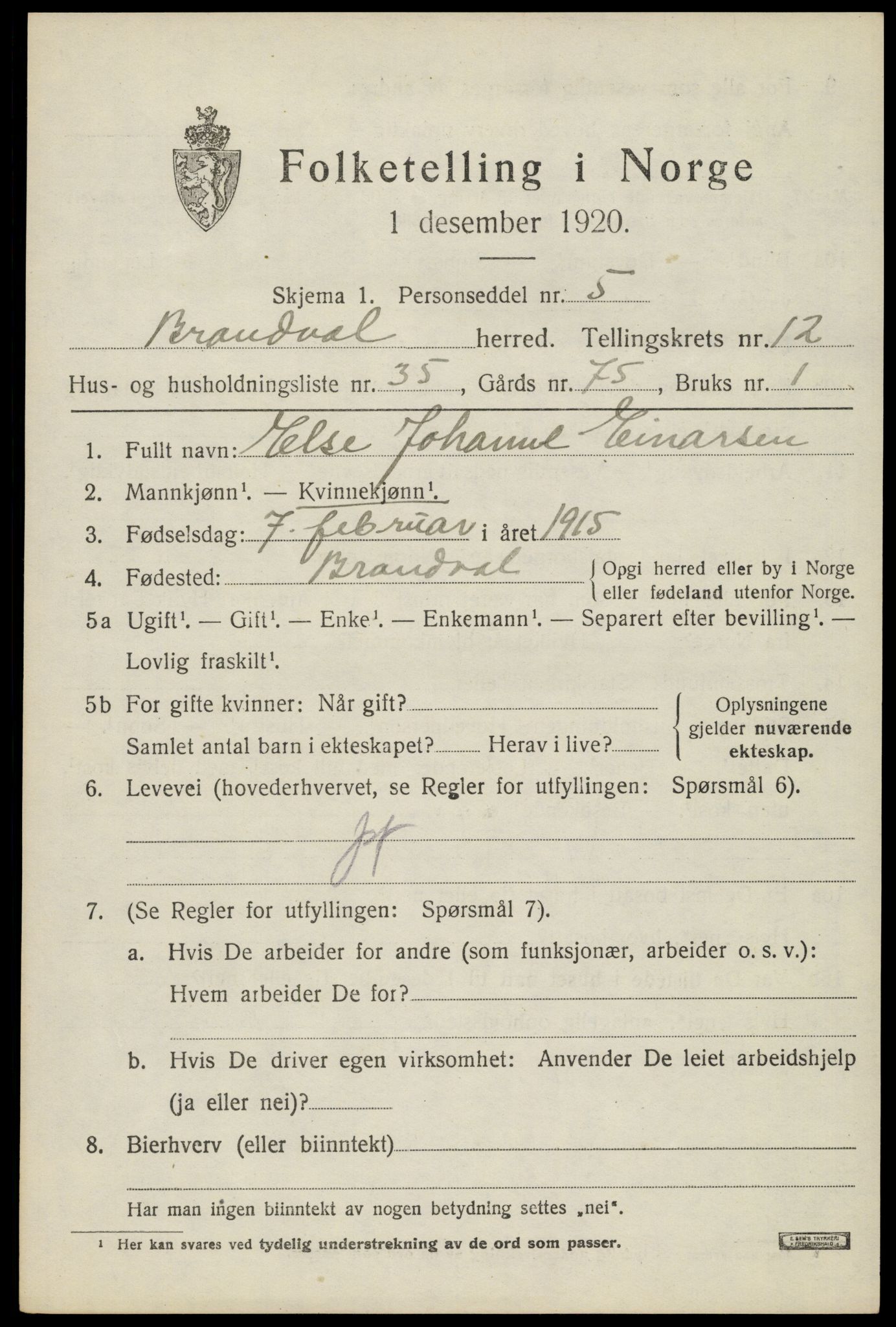 SAH, 1920 census for Brandval, 1920, p. 8846