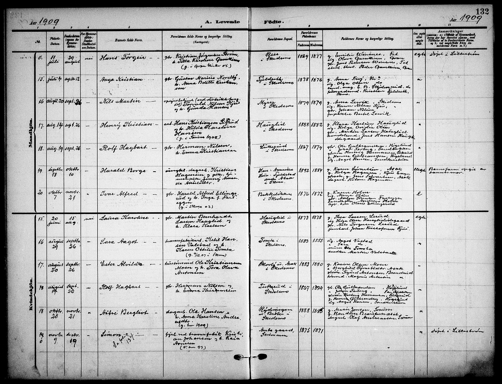 Skedsmo prestekontor Kirkebøker, AV/SAO-A-10033a/F/Fa/L0015: Parish register (official) no. I 15, 1902-1917, p. 132