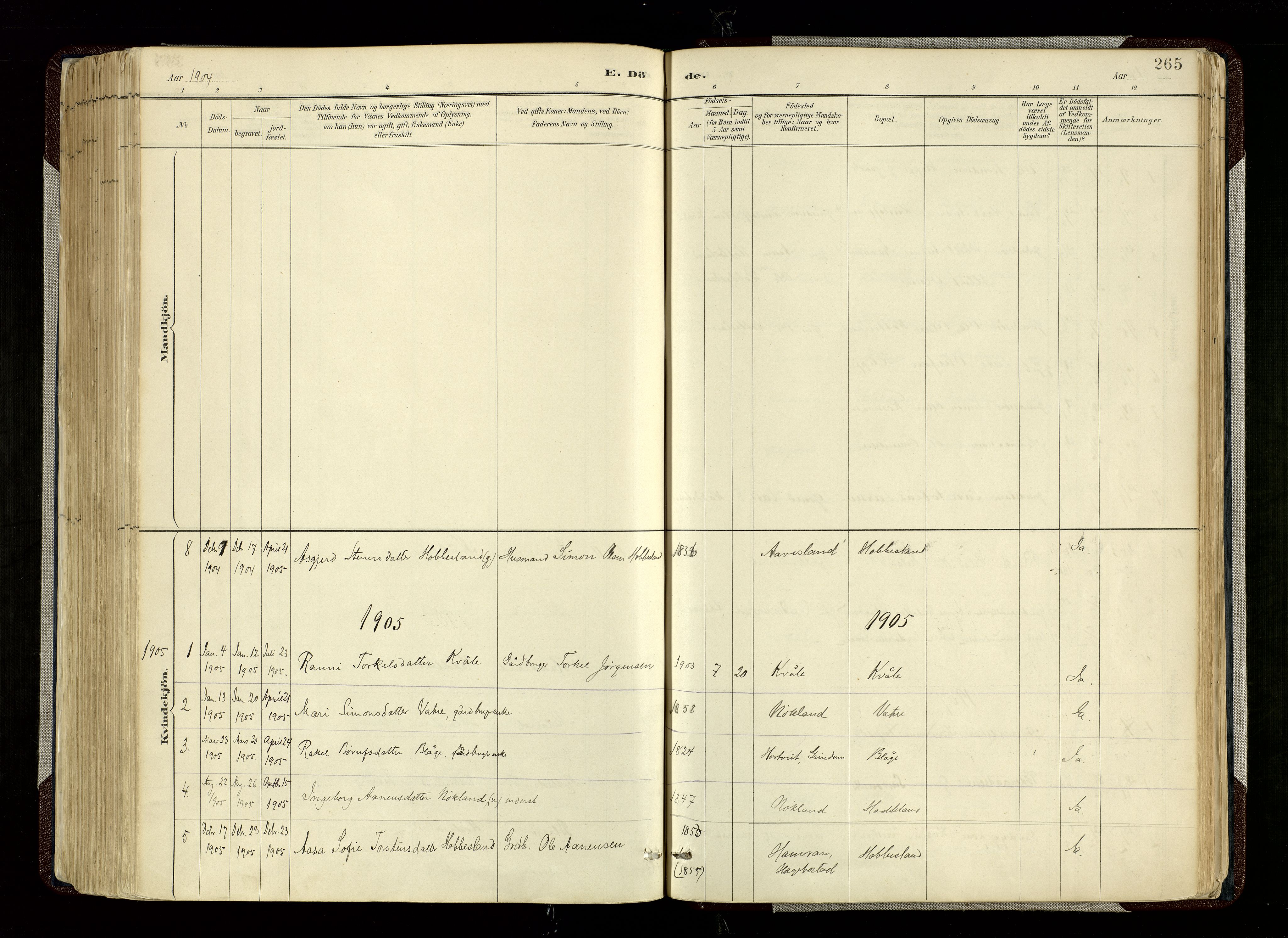 Hægebostad sokneprestkontor, SAK/1111-0024/F/Fa/Fab/L0004: Parish register (official) no. A 4, 1887-1929, p. 265