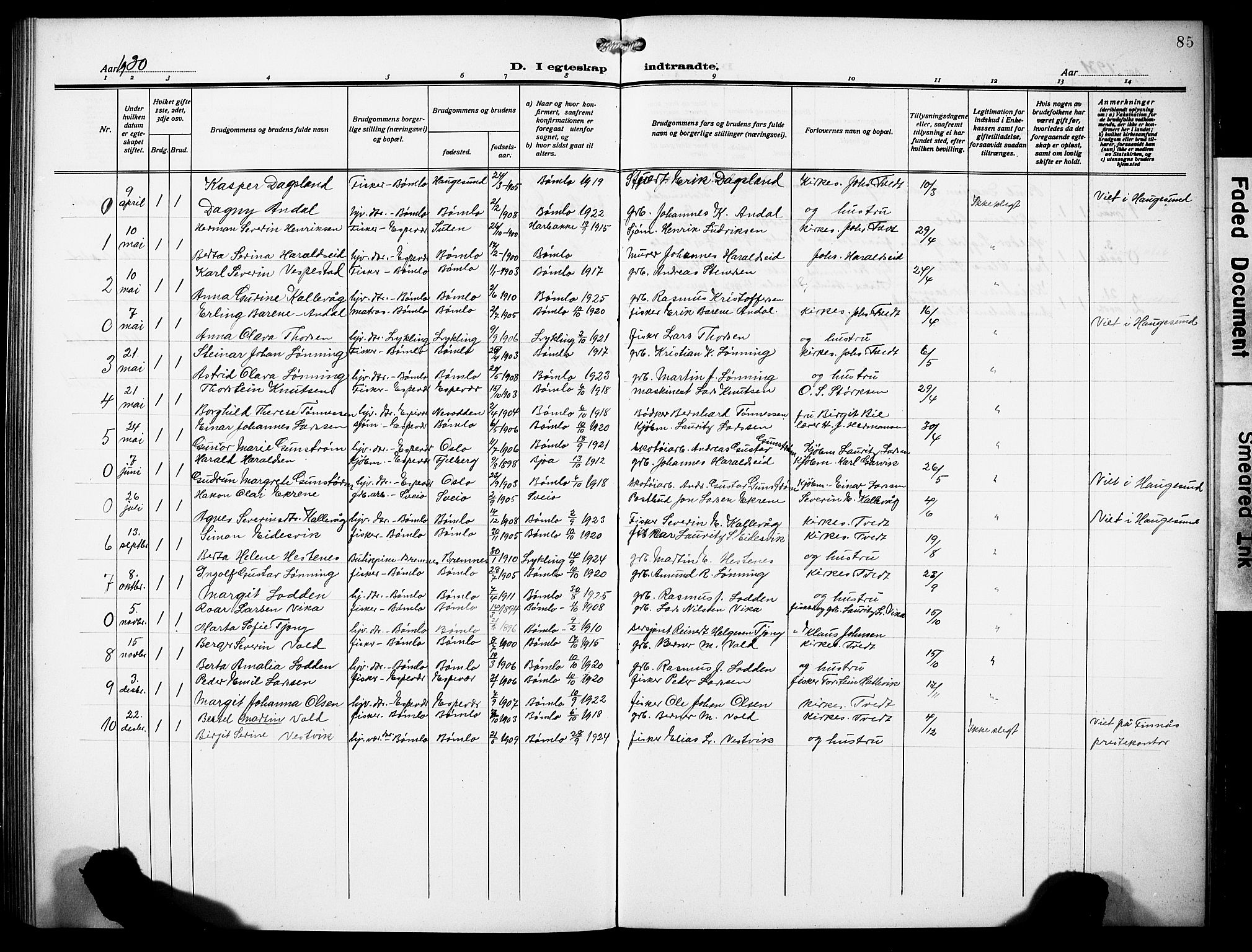 Finnås sokneprestembete, AV/SAB-A-99925/H/Ha/Hab/Habc/L0004: Parish register (copy) no. C 4, 1917-1931, p. 85