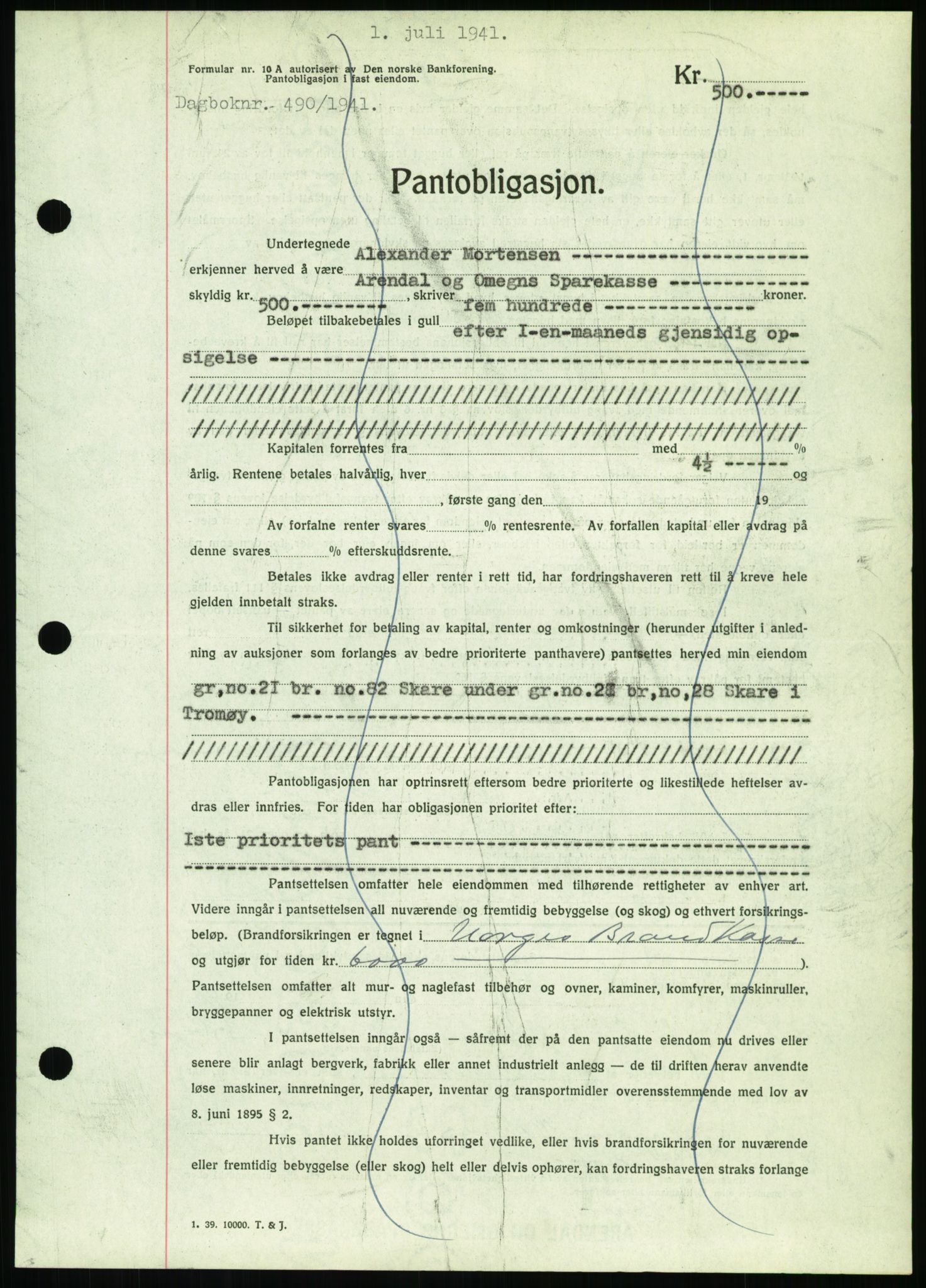 Nedenes sorenskriveri, AV/SAK-1221-0006/G/Gb/Gbb/L0001: Mortgage book no. I, 1939-1942, Diary no: : 490/1941