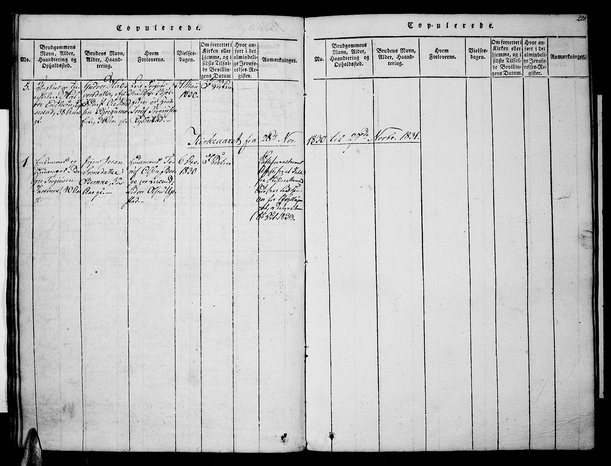 Valle sokneprestkontor, SAK/1111-0044/F/Fa/Fac/L0005: Parish register (official) no. A 5 /2, 1817-1831, p. 220
