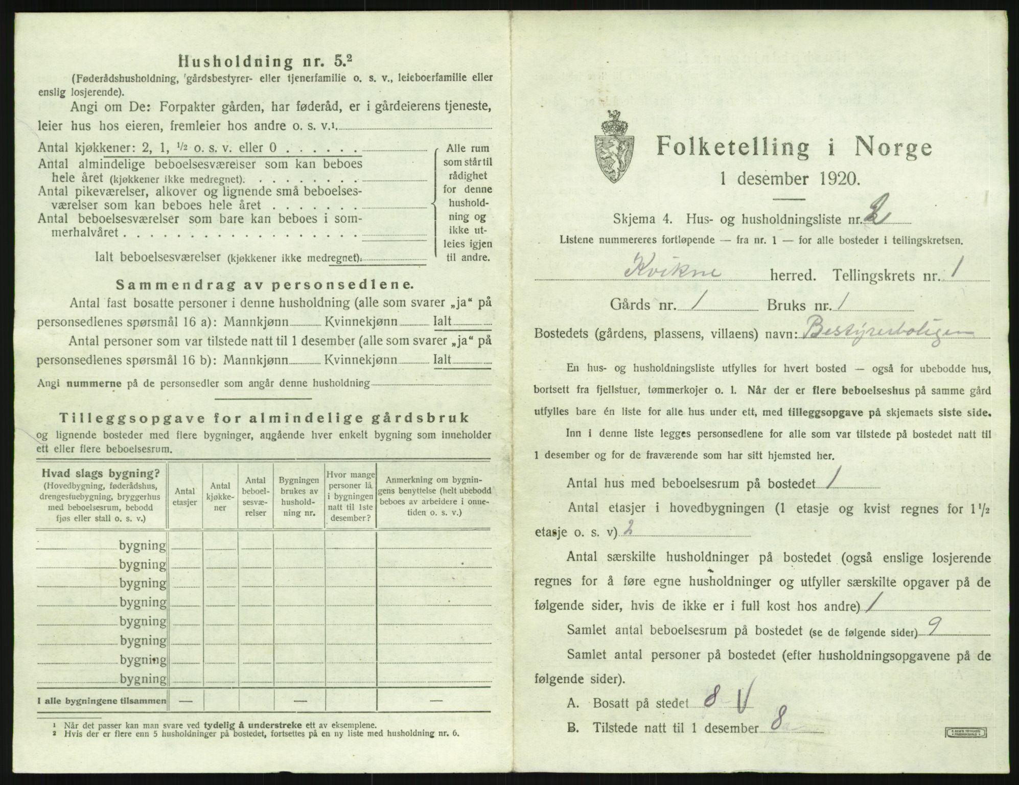 SAH, 1920 census for Kvikne, 1920, p. 36