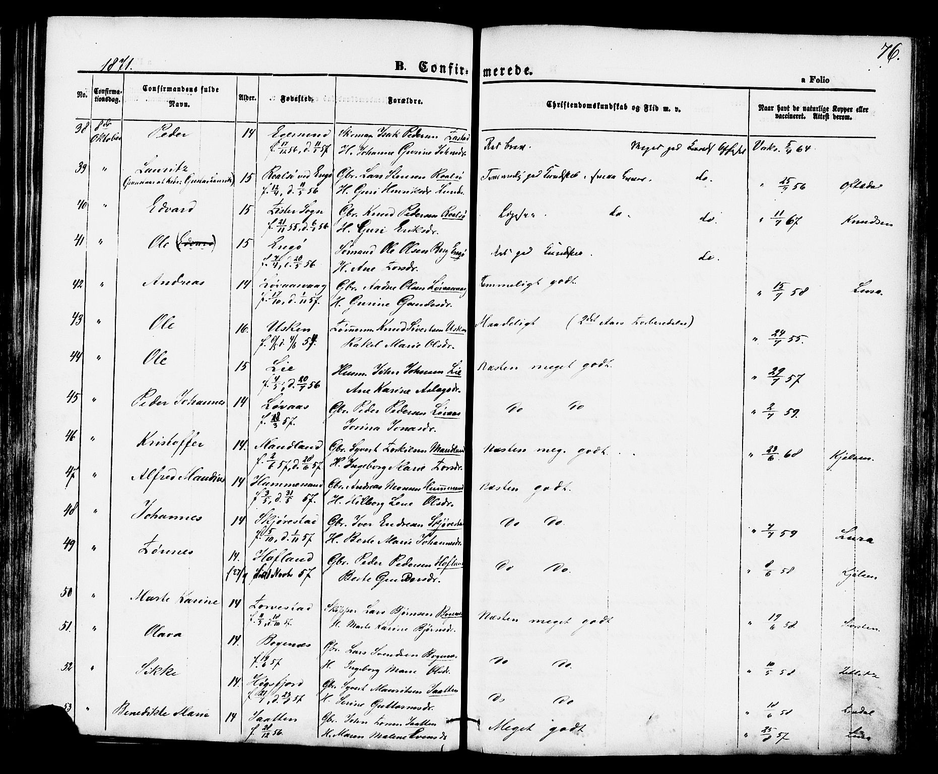 Hetland sokneprestkontor, AV/SAST-A-101826/30/30BA/L0004: Parish register (official) no. A 4, 1862-1881, p. 76