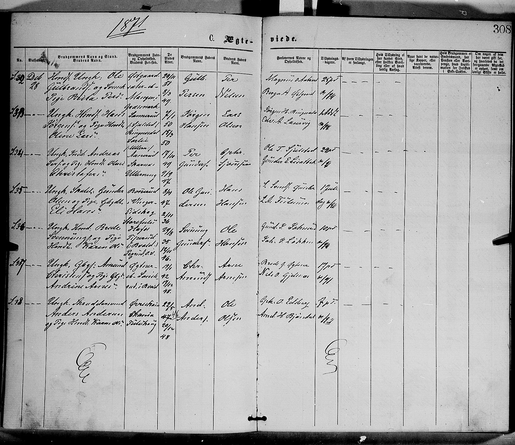 Sør-Odal prestekontor, SAH/PREST-030/H/Ha/Haa/L0004: Parish register (official) no. 4, 1870-1875, p. 308