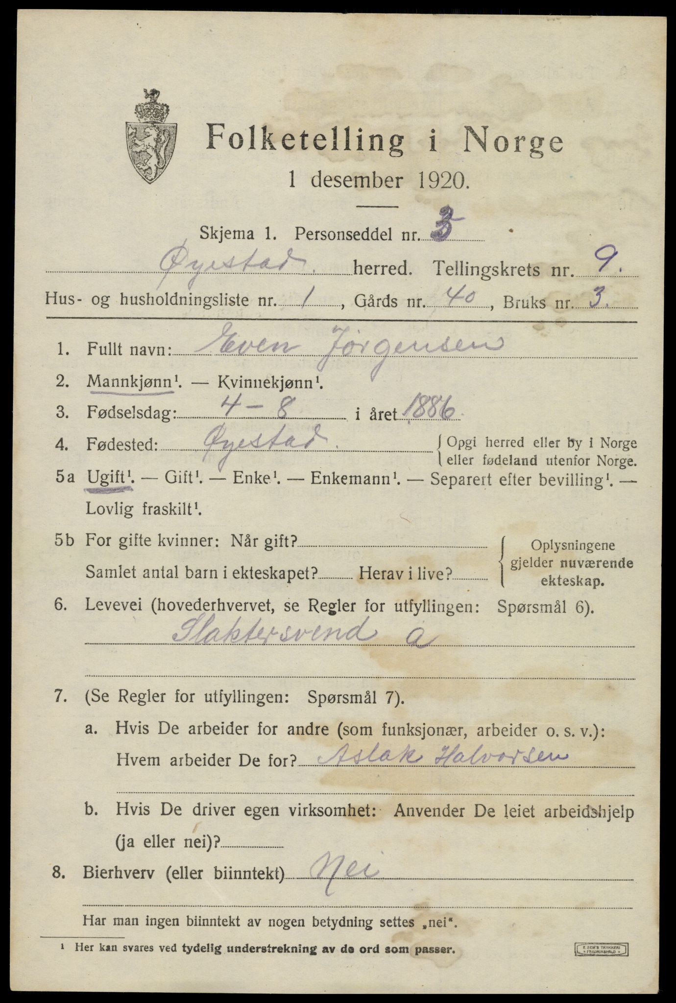 SAK, 1920 census for Øyestad, 1920, p. 5916