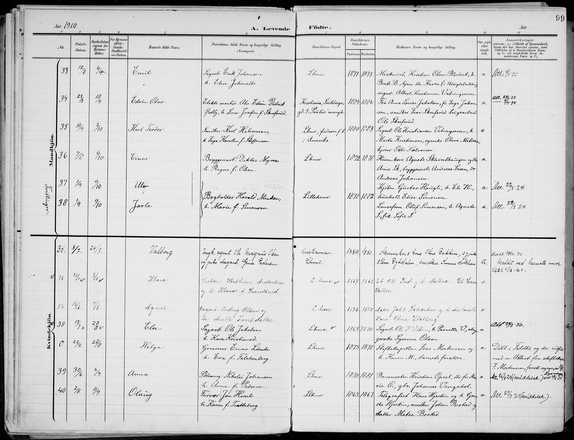 Lillehammer prestekontor, AV/SAH-PREST-088/H/Ha/Haa/L0001: Parish register (official) no. 1, 1901-1916, p. 99