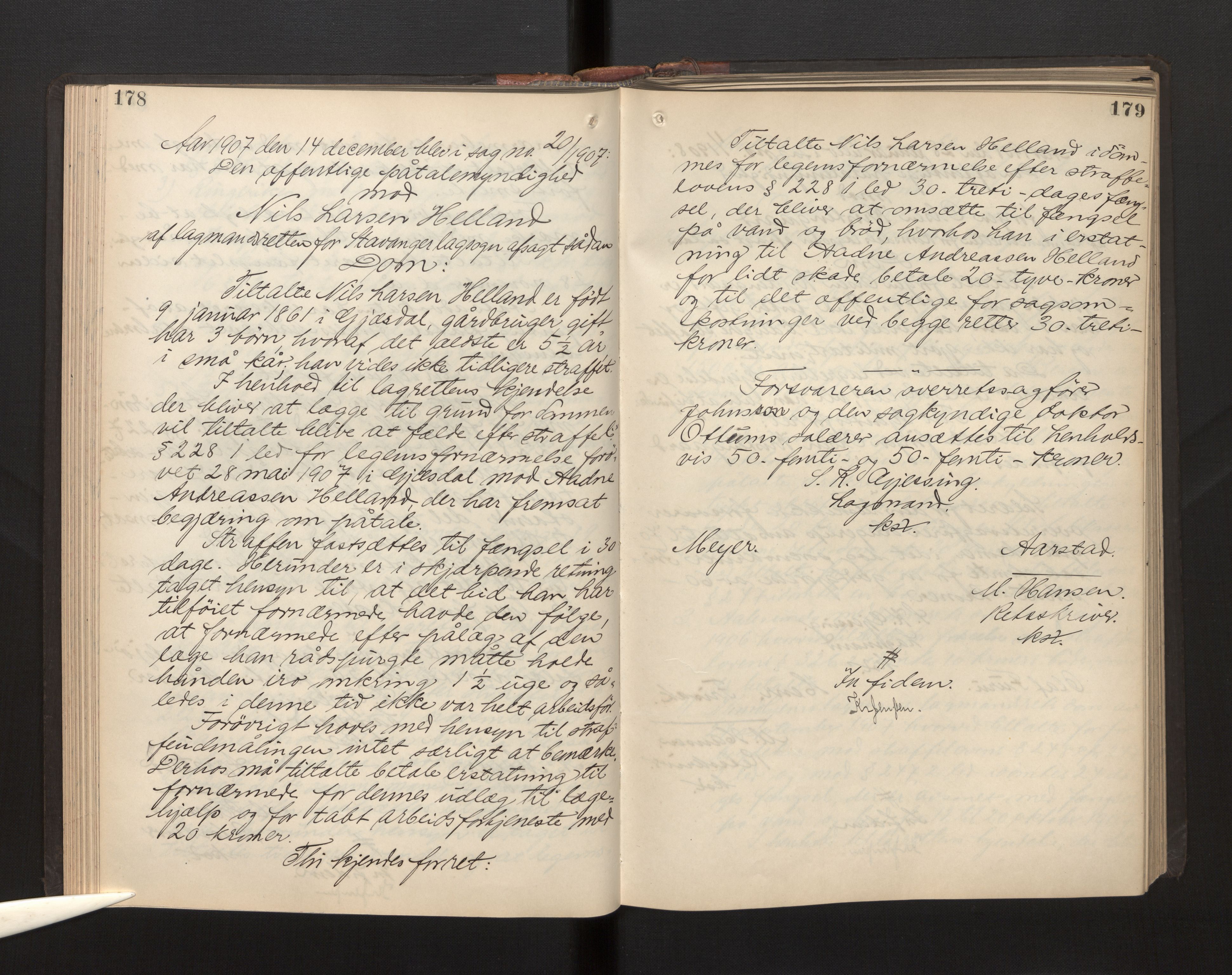 Gulating lagmannsrett, AV/SAB-A-60201/D/Da/L0002: Domsprotokoll for straffesaker - Gula- og Frostating lagdømme., 1906-1910, p. 178-179