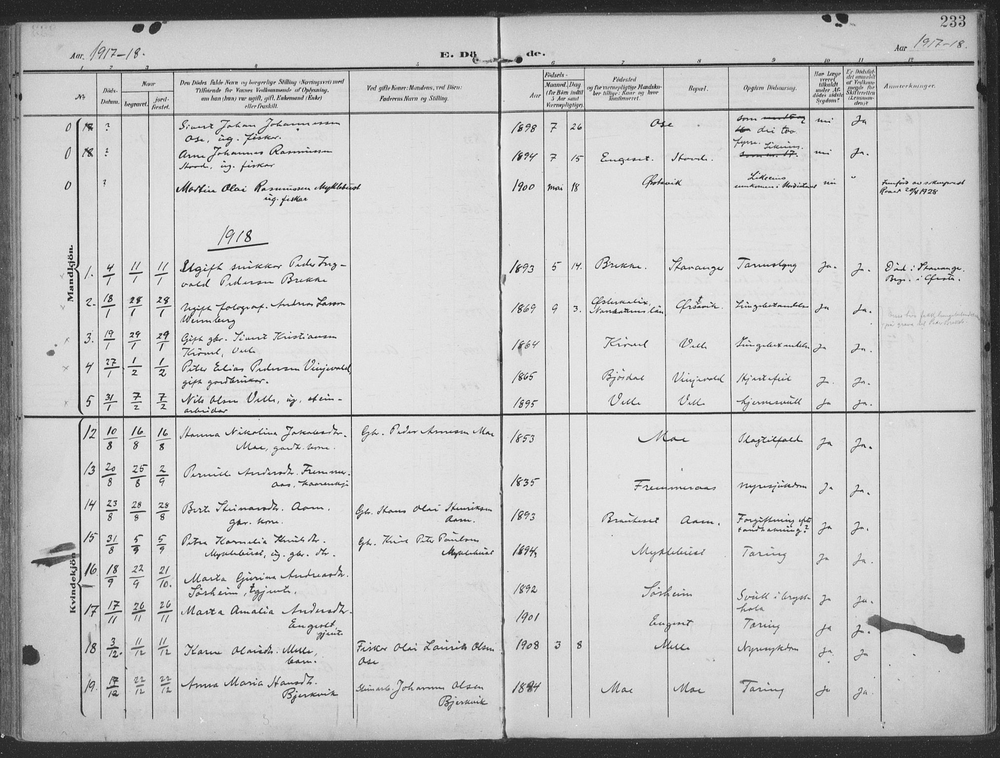 Ministerialprotokoller, klokkerbøker og fødselsregistre - Møre og Romsdal, SAT/A-1454/513/L0178: Parish register (official) no. 513A05, 1906-1919, p. 233