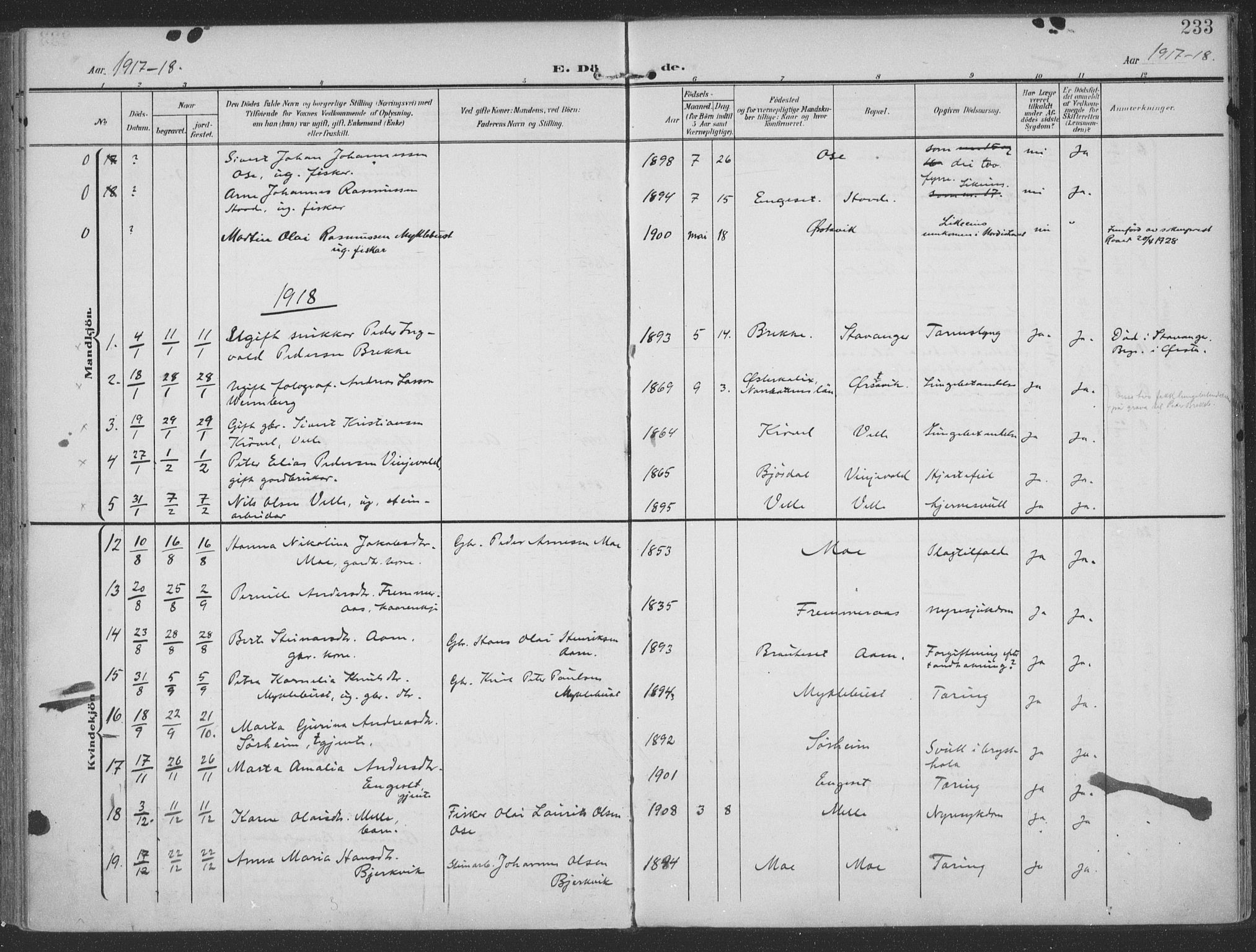 Ministerialprotokoller, klokkerbøker og fødselsregistre - Møre og Romsdal, AV/SAT-A-1454/513/L0178: Parish register (official) no. 513A05, 1906-1919, p. 233