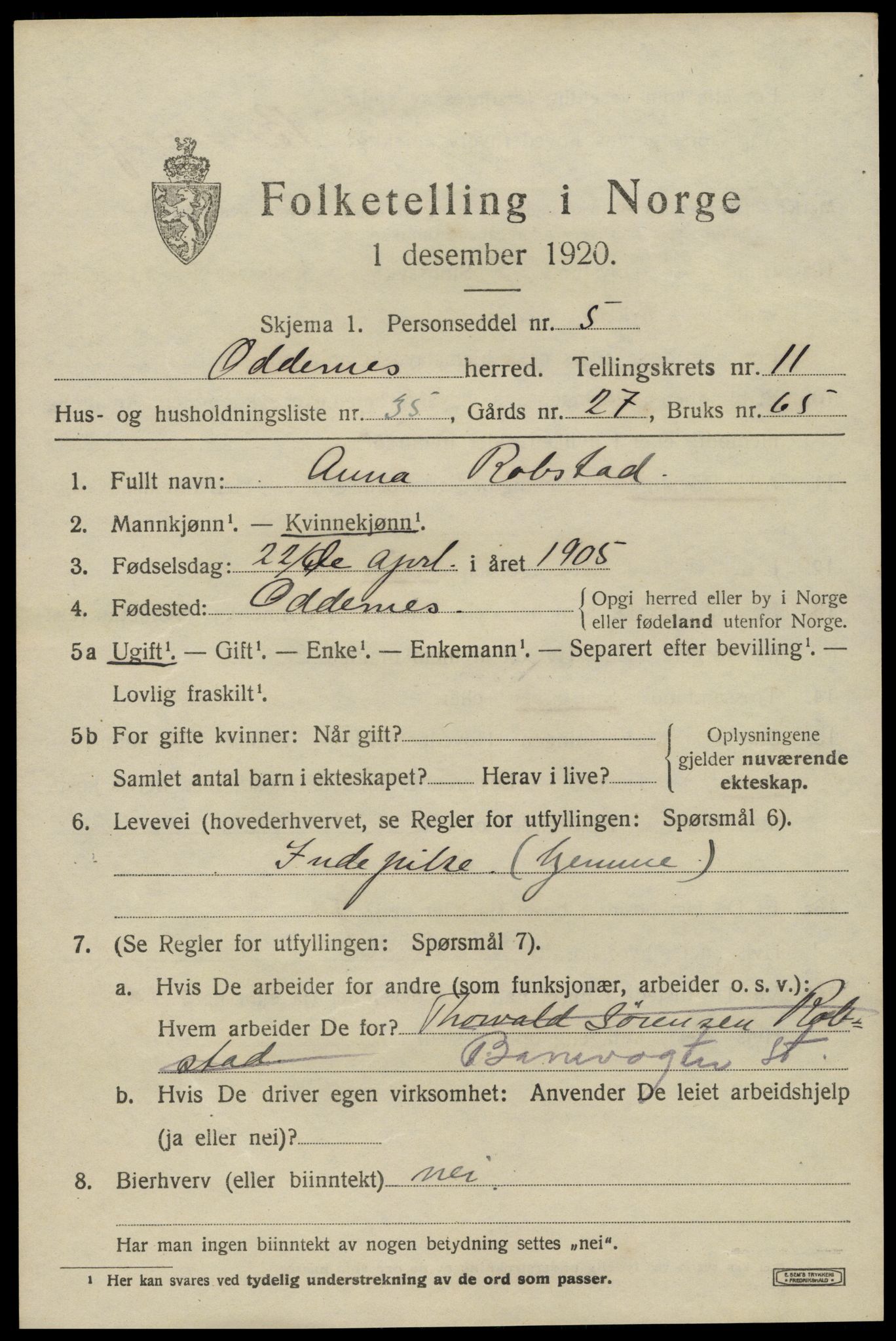 SAK, 1920 census for Oddernes, 1920, p. 7437