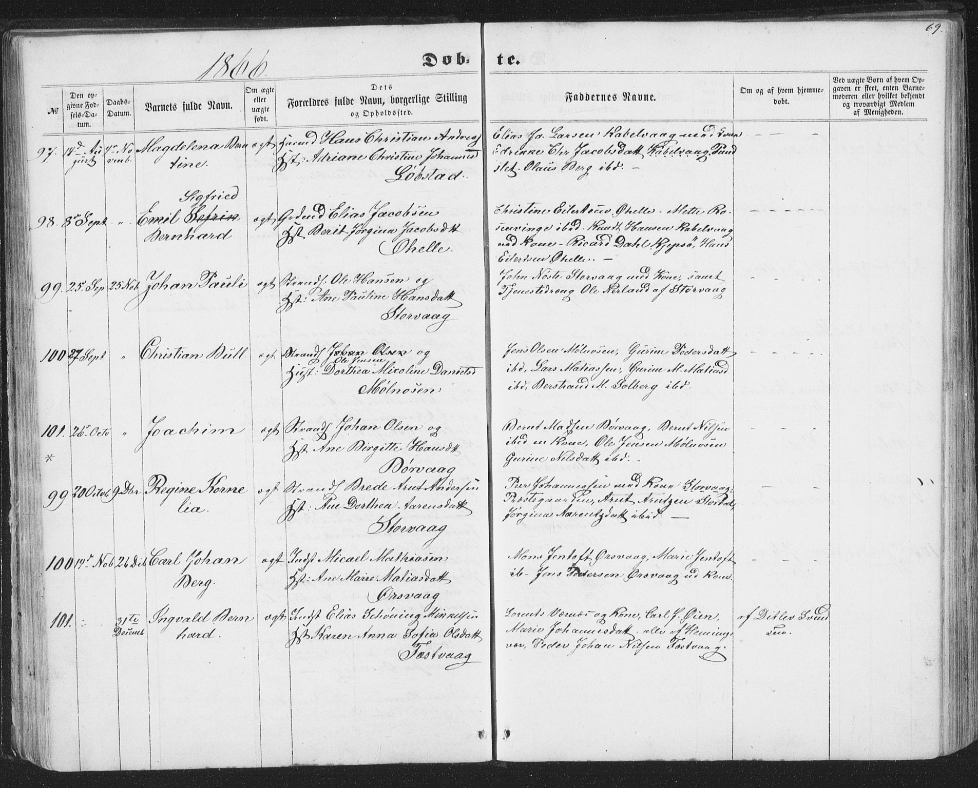 Ministerialprotokoller, klokkerbøker og fødselsregistre - Nordland, SAT/A-1459/874/L1073: Parish register (copy) no. 874C02, 1860-1870, p. 69