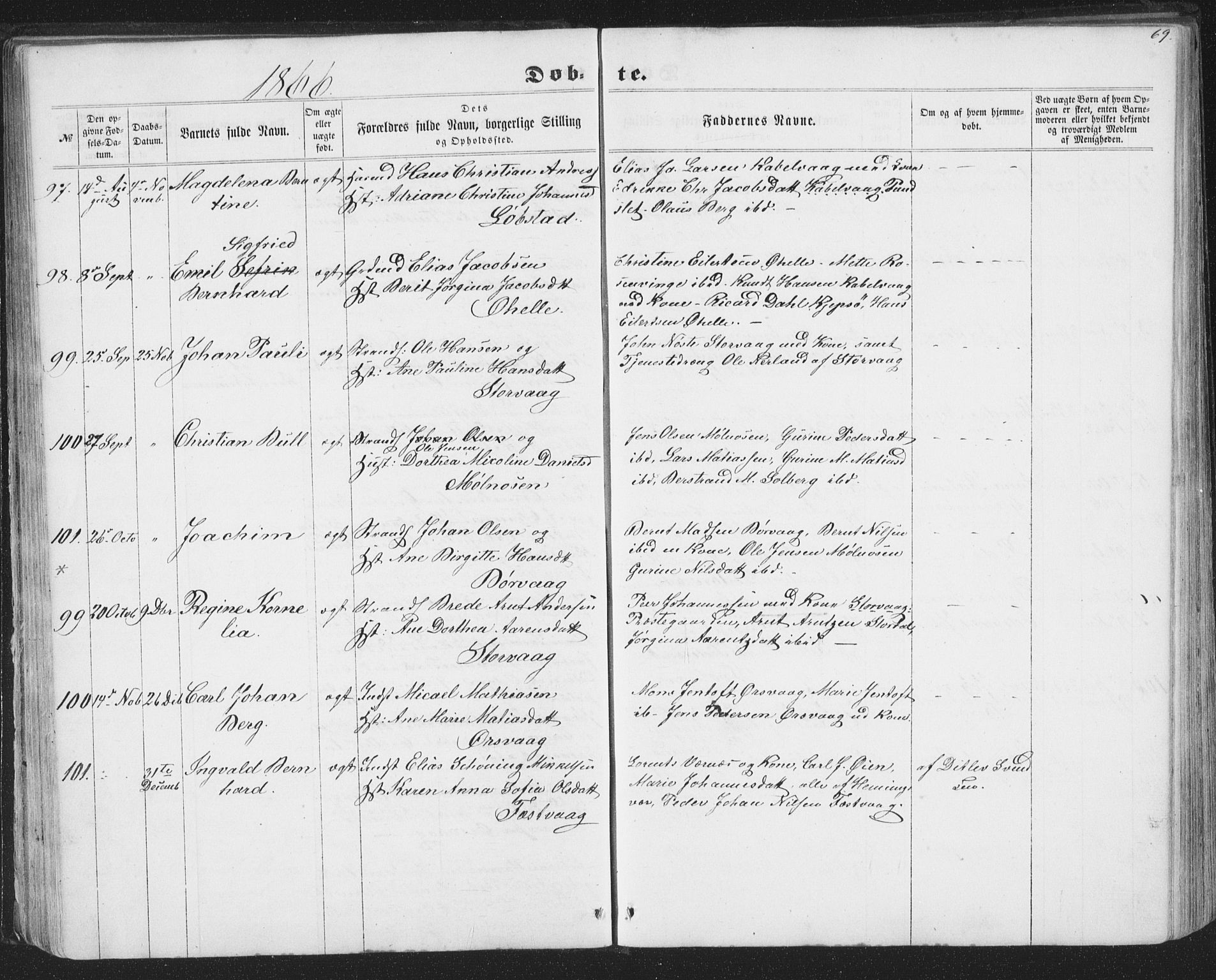 Ministerialprotokoller, klokkerbøker og fødselsregistre - Nordland, AV/SAT-A-1459/874/L1073: Parish register (copy) no. 874C02, 1860-1870, p. 69