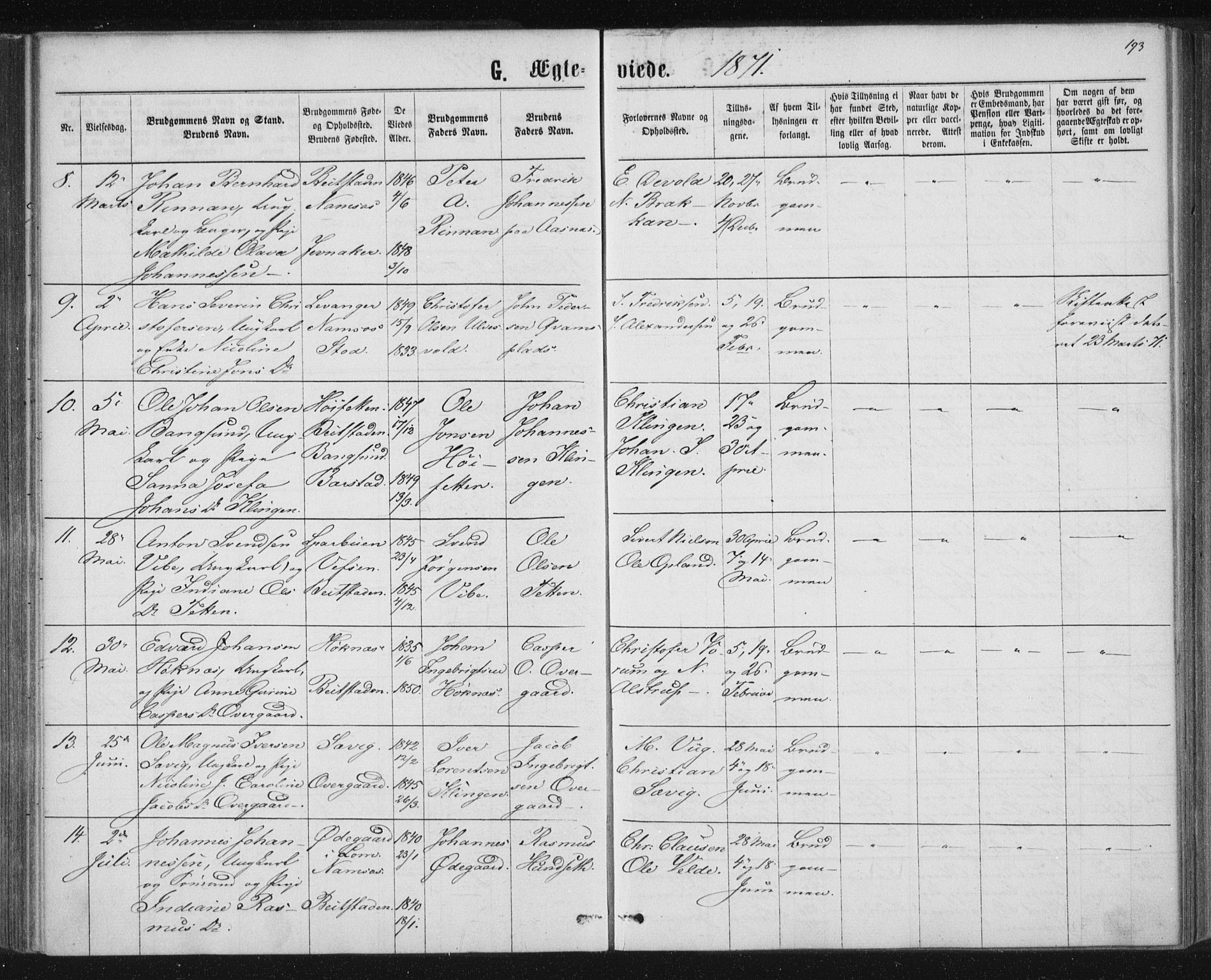 Ministerialprotokoller, klokkerbøker og fødselsregistre - Nord-Trøndelag, SAT/A-1458/768/L0570: Parish register (official) no. 768A05, 1865-1874, p. 193