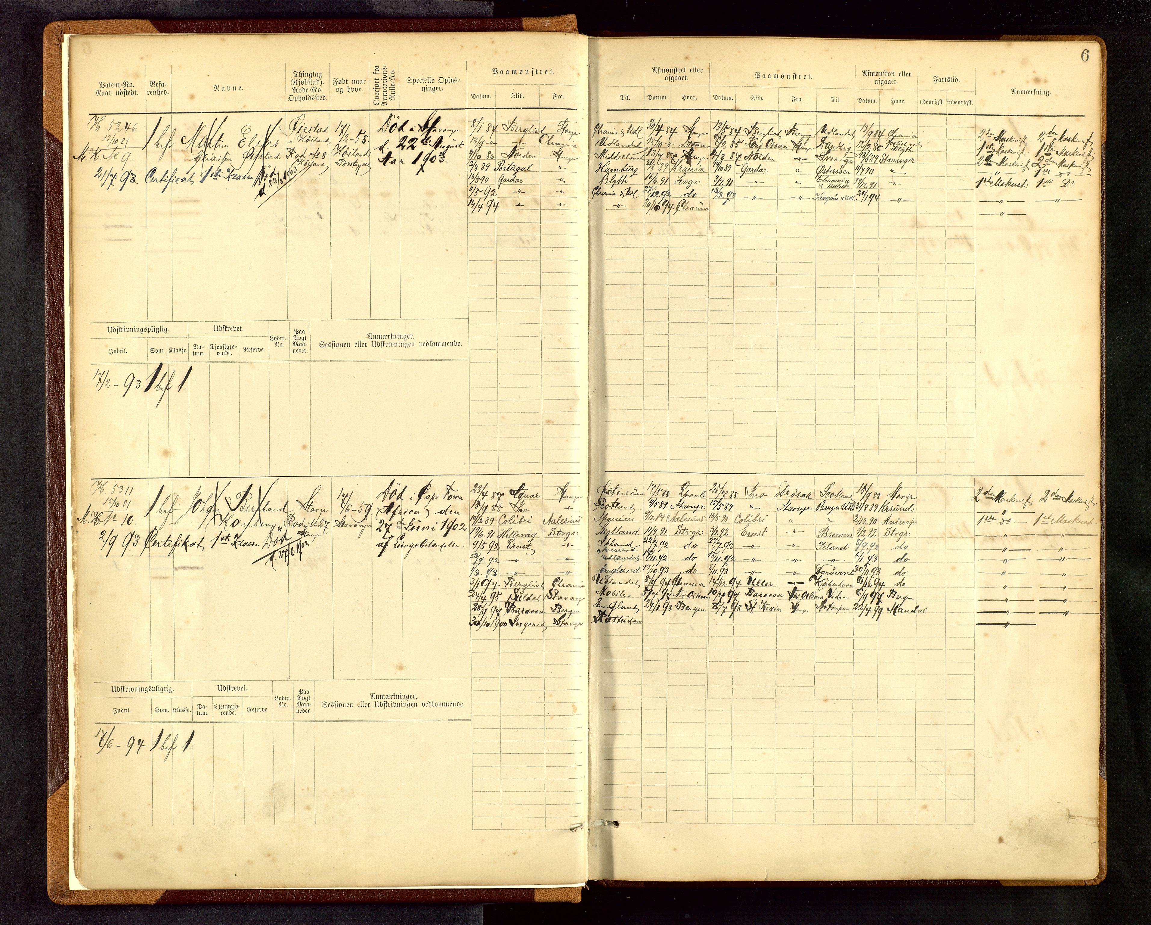 Stavanger sjømannskontor, AV/SAST-A-102006/F/Fe/L0001: Maskinist- og fyrbøterrulle, patentnr. 1-58/1-194, 1884-1894, p. 9