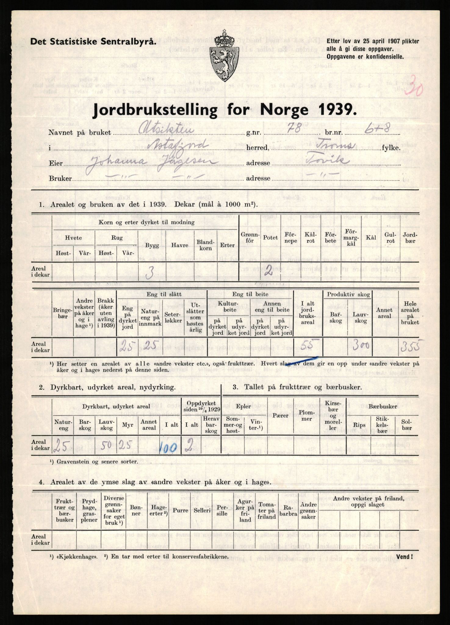 Statistisk sentralbyrå, Næringsøkonomiske emner, Jordbruk, skogbruk, jakt, fiske og fangst, AV/RA-S-2234/G/Gb/L0339: Troms: Andørja, Astafjord og Lavangen, 1939, p. 357