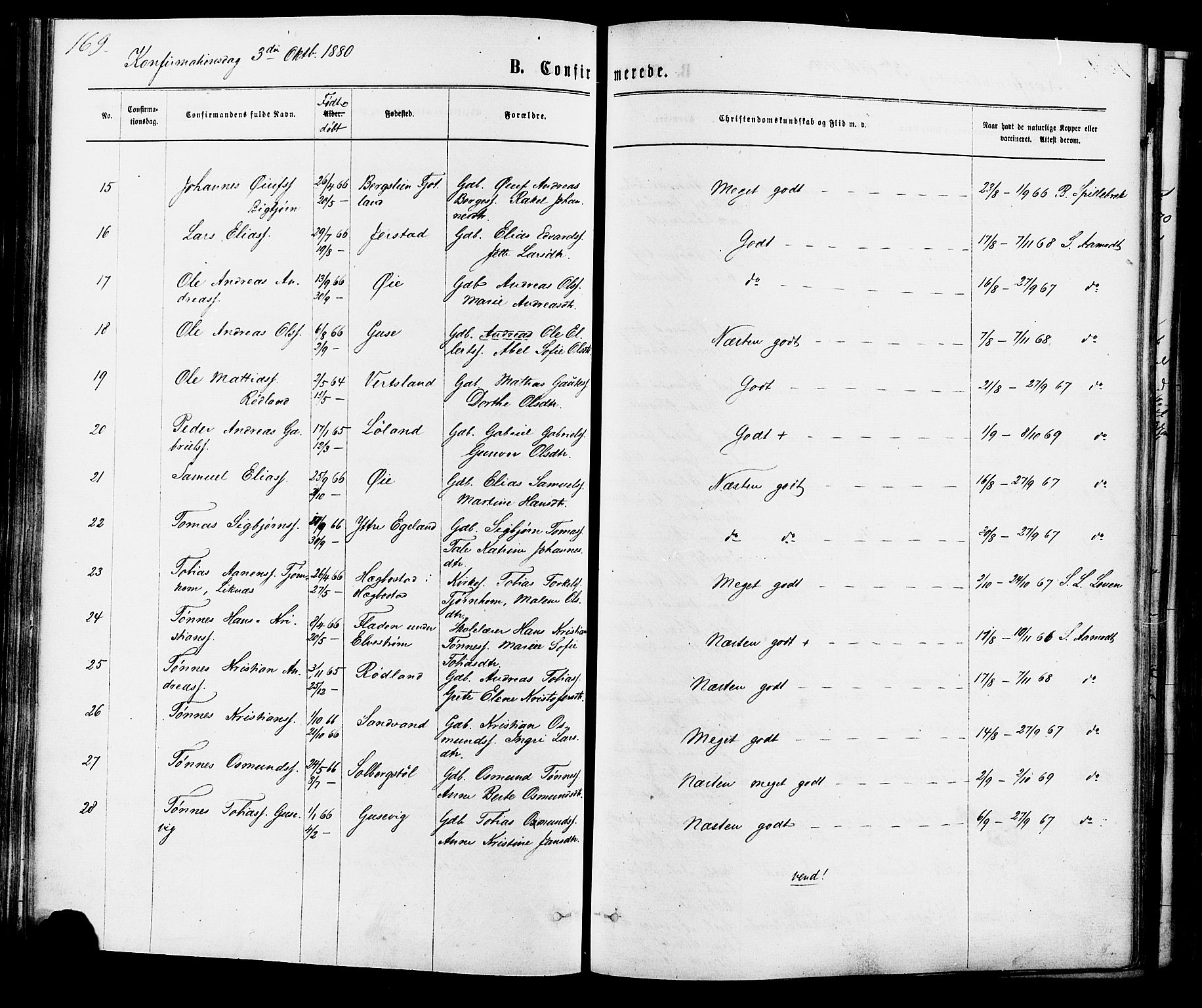 Kvinesdal sokneprestkontor, AV/SAK-1111-0026/F/Fa/Fab/L0007: Parish register (official) no. A 7, 1870-1885, p. 169