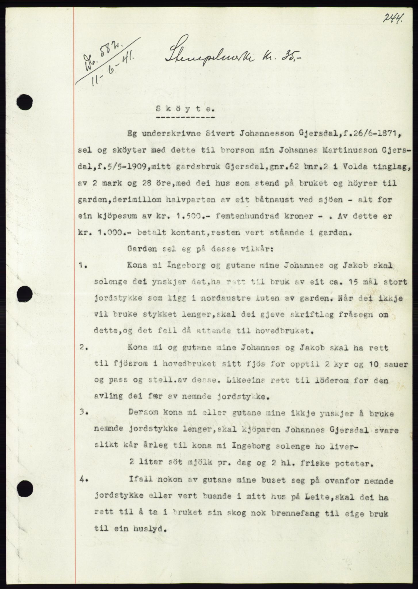 Søre Sunnmøre sorenskriveri, AV/SAT-A-4122/1/2/2C/L0071: Mortgage book no. 65, 1941-1941, Diary no: : 582/1941