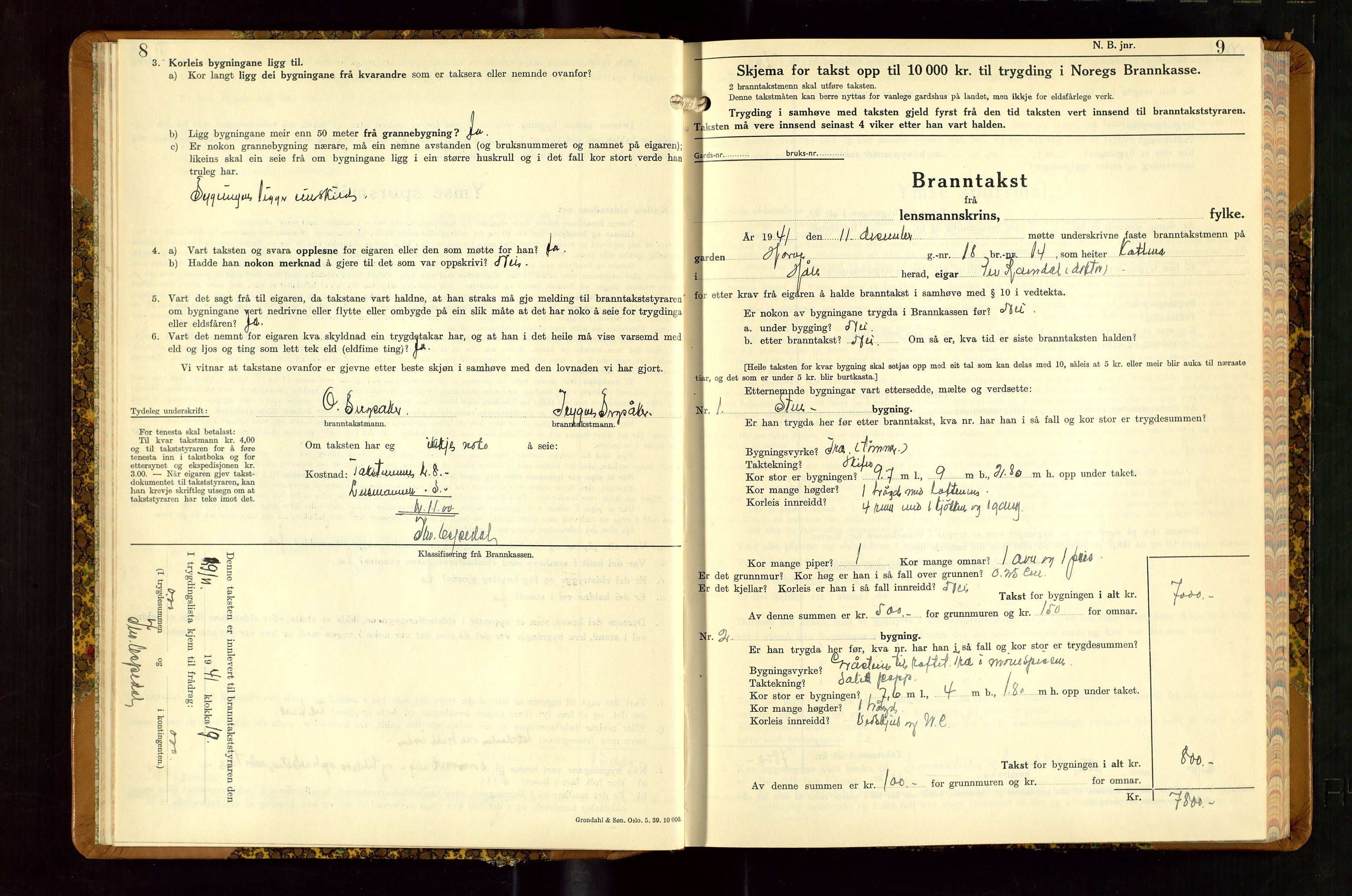 Høle og Forsand lensmannskontor, SAST/A-100127/Gob/L0002: "Branntakstbok" - skjematakst, 1941-1955, p. 8-9