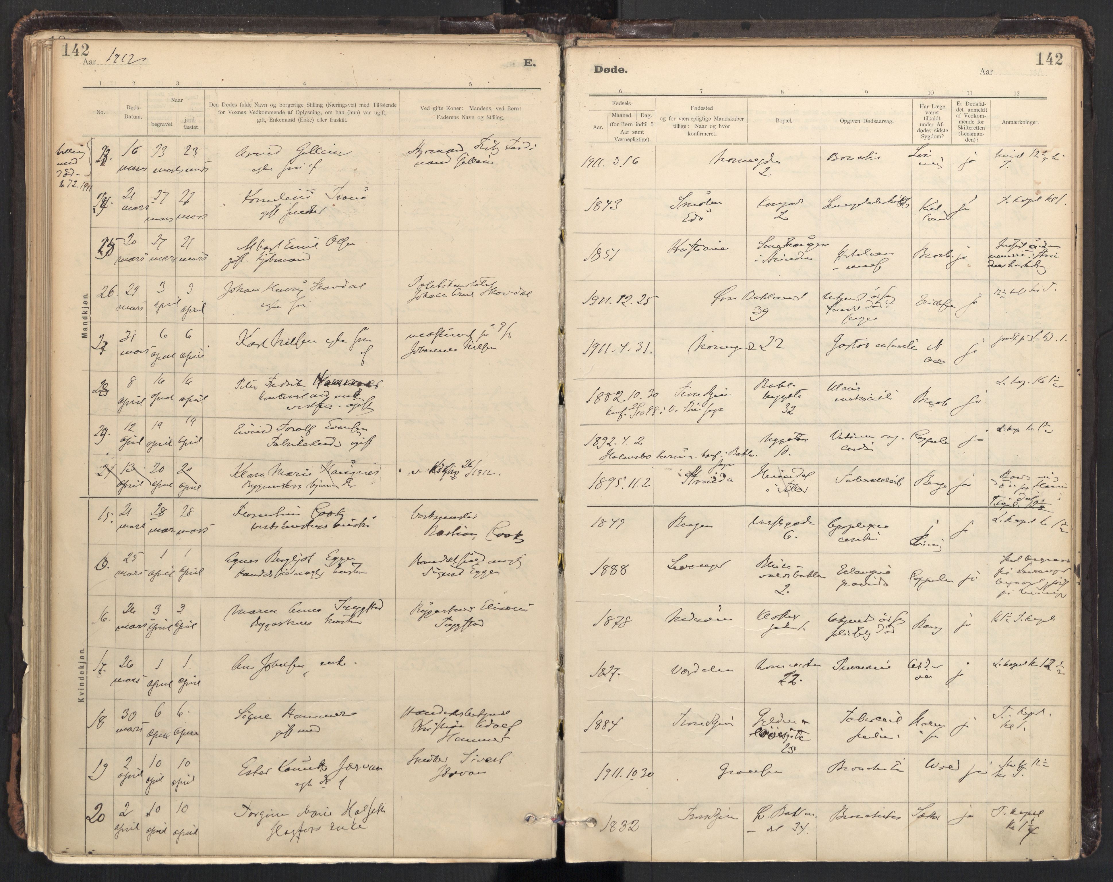 Ministerialprotokoller, klokkerbøker og fødselsregistre - Sør-Trøndelag, AV/SAT-A-1456/604/L0204: Parish register (official) no. 604A24, 1911-1920, p. 142