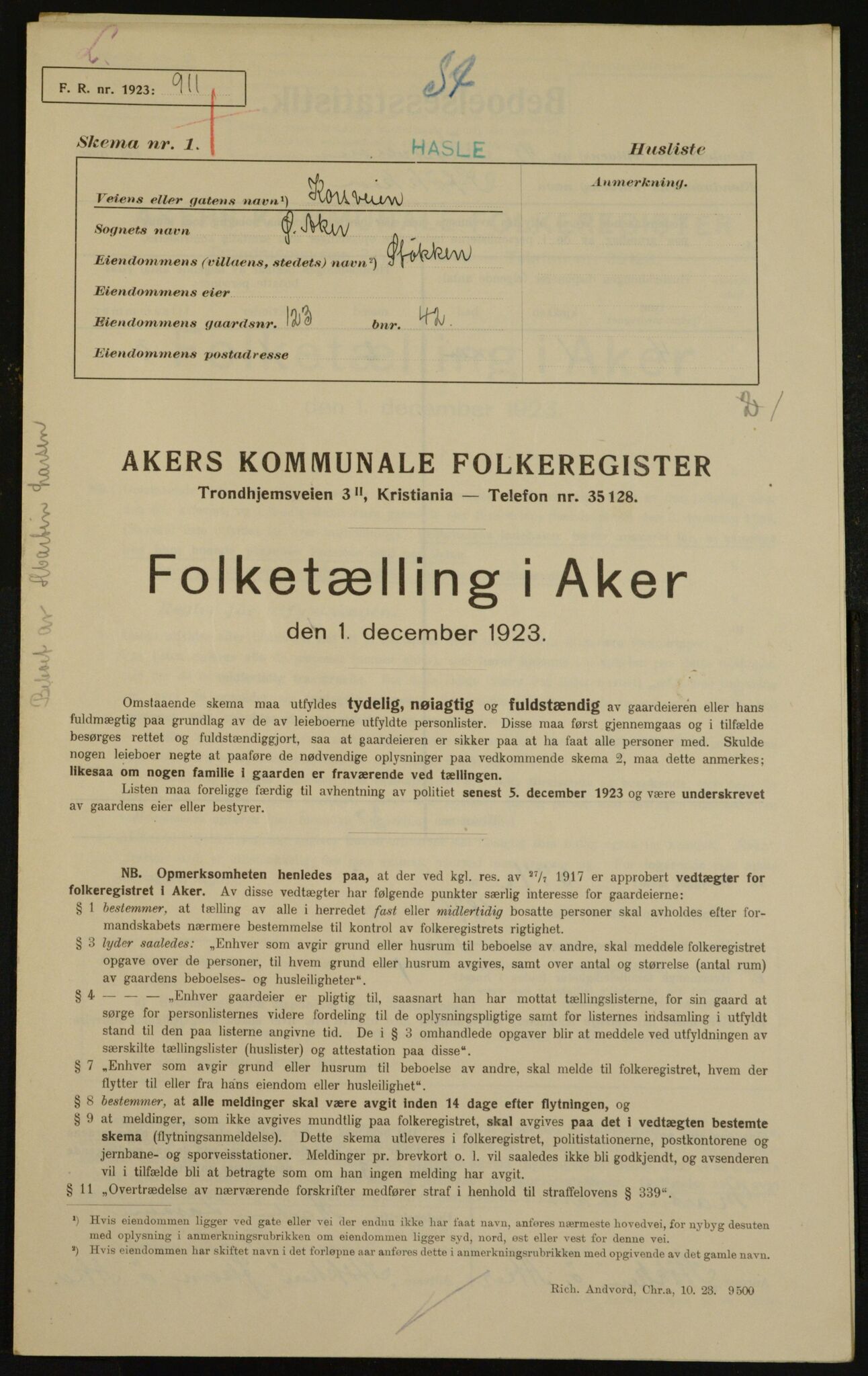 , Municipal Census 1923 for Aker, 1923, p. 28409