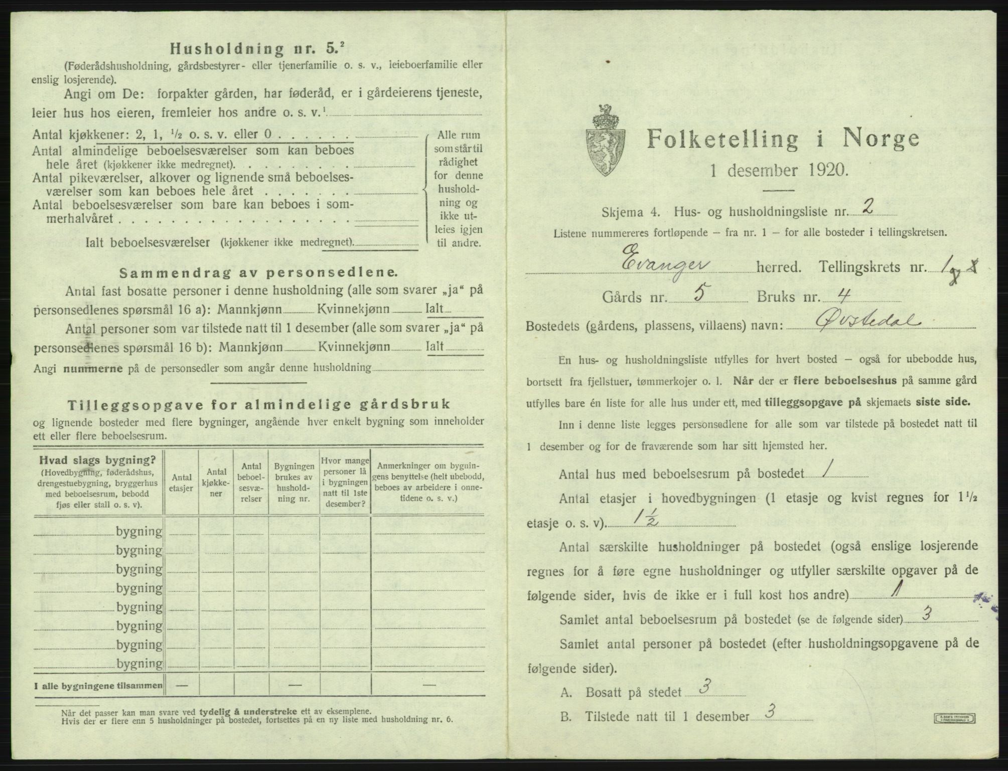 SAB, 1920 census for Evanger, 1920, p. 63