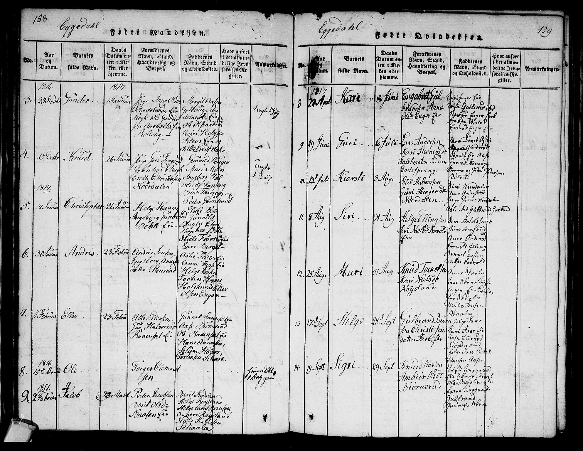 Sigdal kirkebøker, AV/SAKO-A-245/G/Ga/L0001: Parish register (copy) no. I 1 /2, 1816-1835, p. 158-159