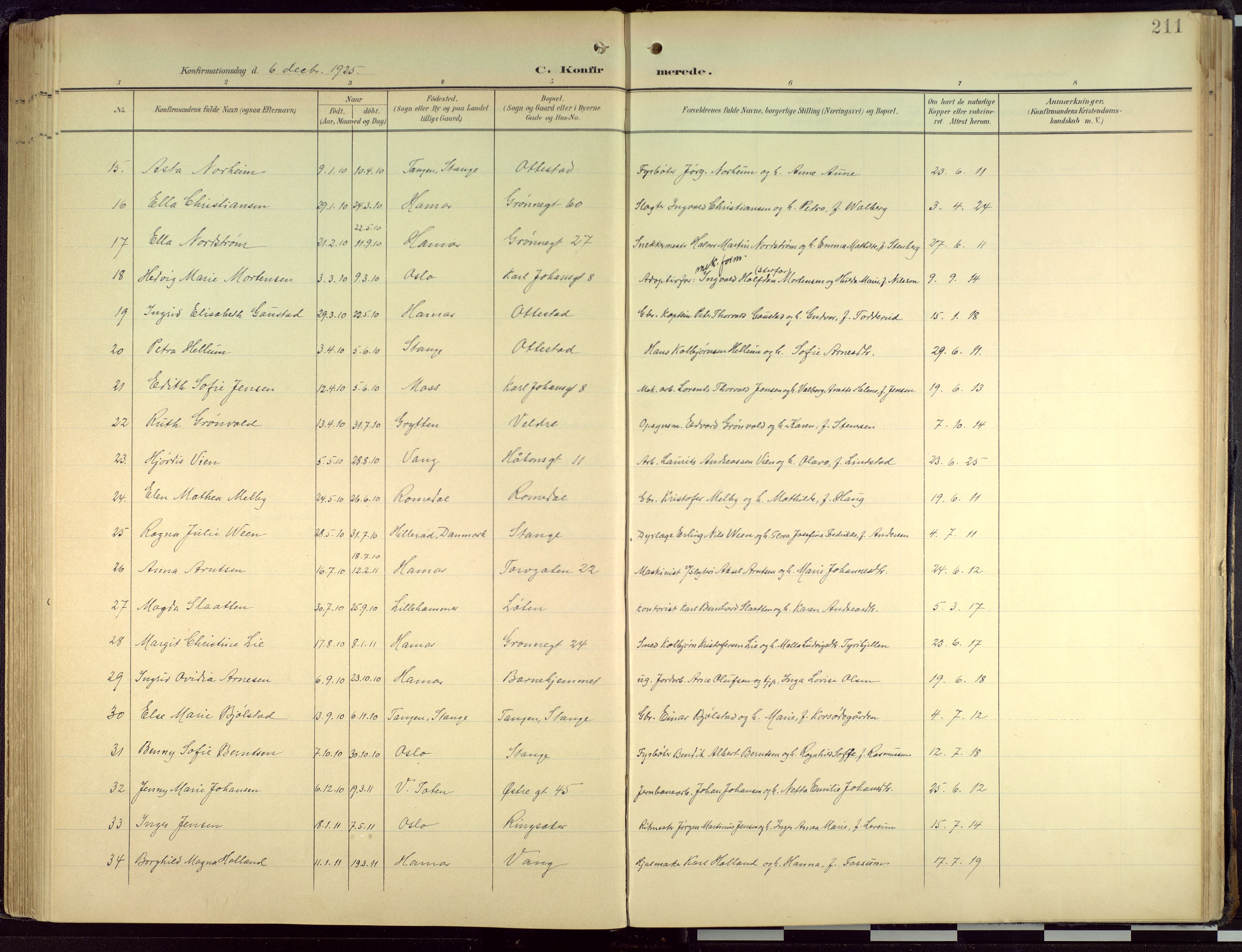 Hamar prestekontor, AV/SAH-DOMPH-002/H/Ha/Haa/L0004: Parish register (official) no. 4, 1899-1973, p. 211