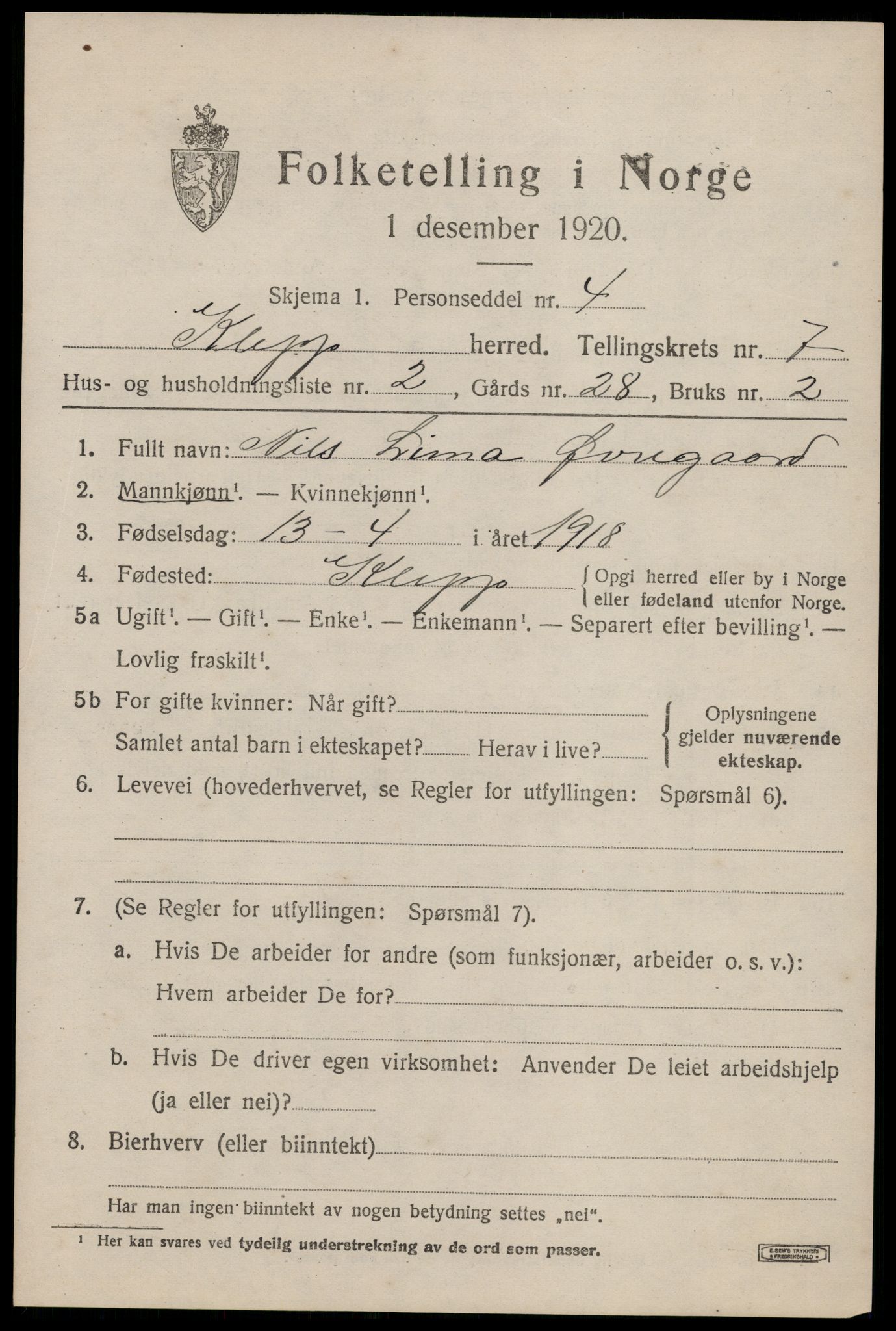 SAST, 1920 census for Klepp, 1920, p. 6590