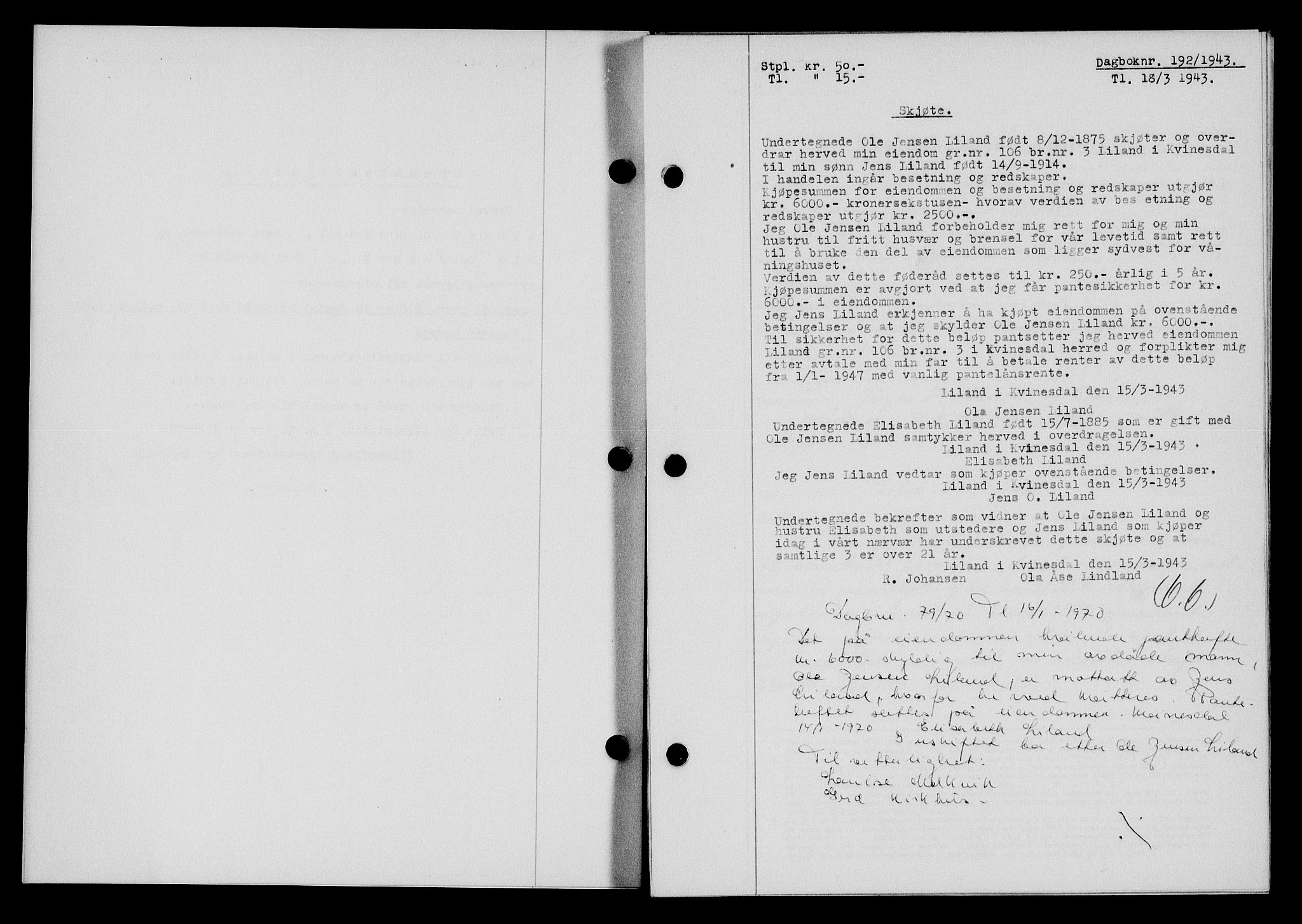 Flekkefjord sorenskriveri, SAK/1221-0001/G/Gb/Gba/L0058: Mortgage book no. A-6, 1942-1944, Diary no: : 192/1943