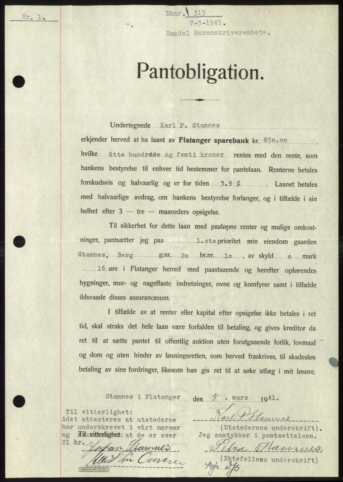 Namdal sorenskriveri, AV/SAT-A-4133/1/2/2C: Mortgage book no. -, 1940-1941, Deed date: 07.03.1941