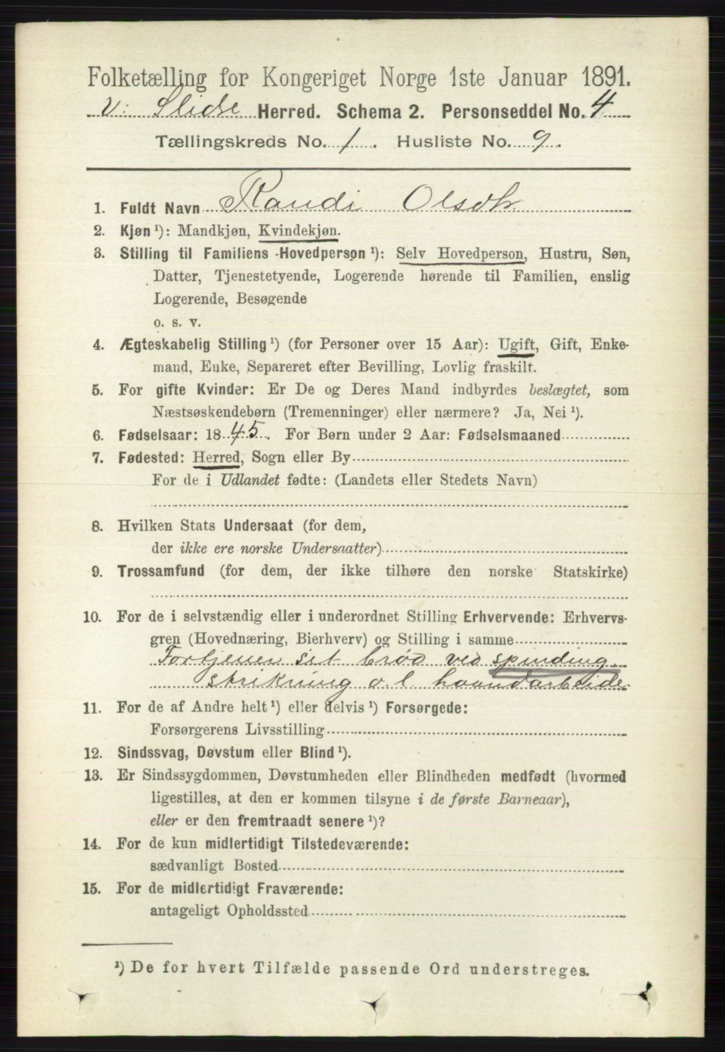 RA, 1891 census for 0543 Vestre Slidre, 1891, p. 144