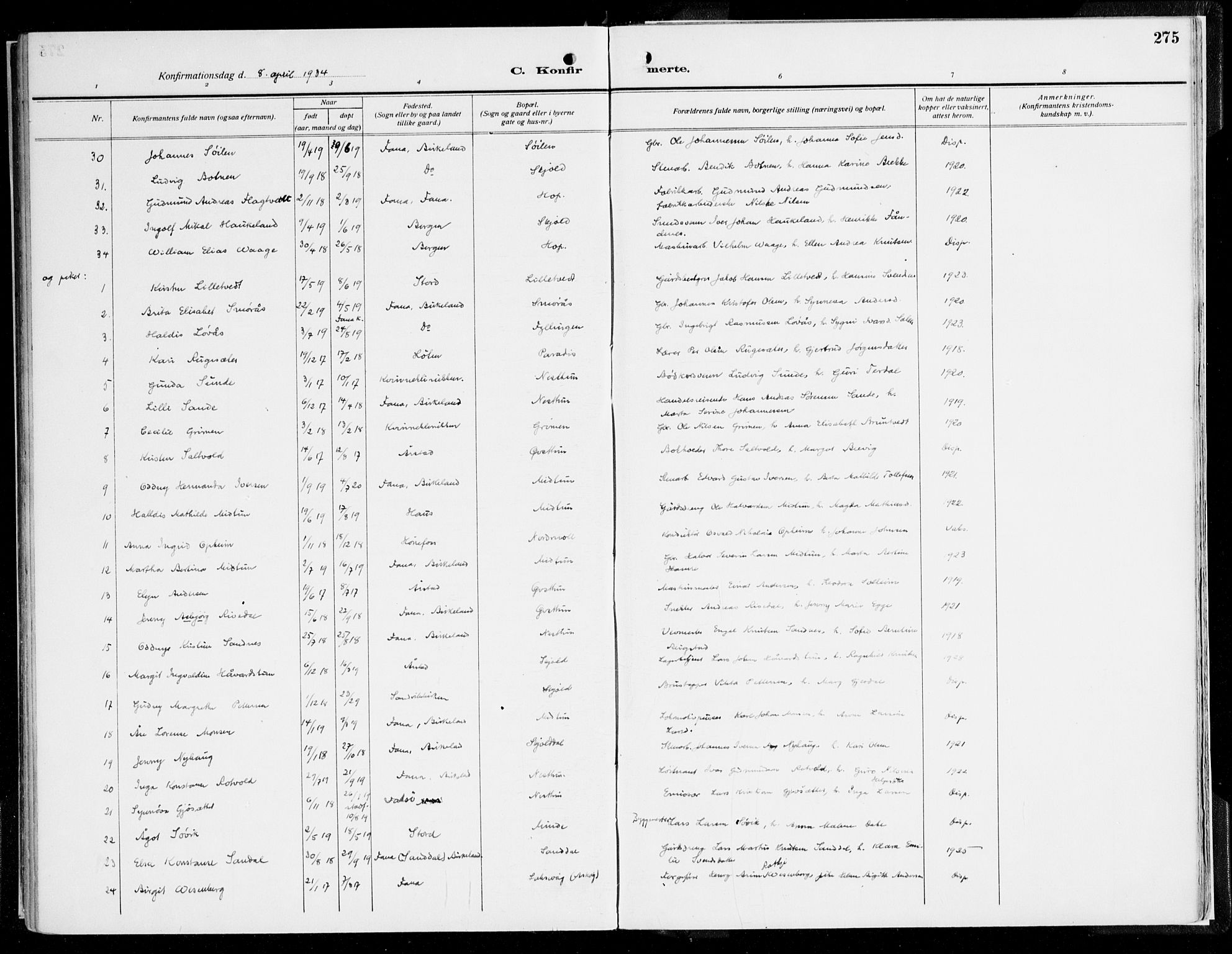 Fana Sokneprestembete, AV/SAB-A-75101/H/Haa/Haaj/L0001: Parish register (official) no. J 1, 1921-1935, p. 275