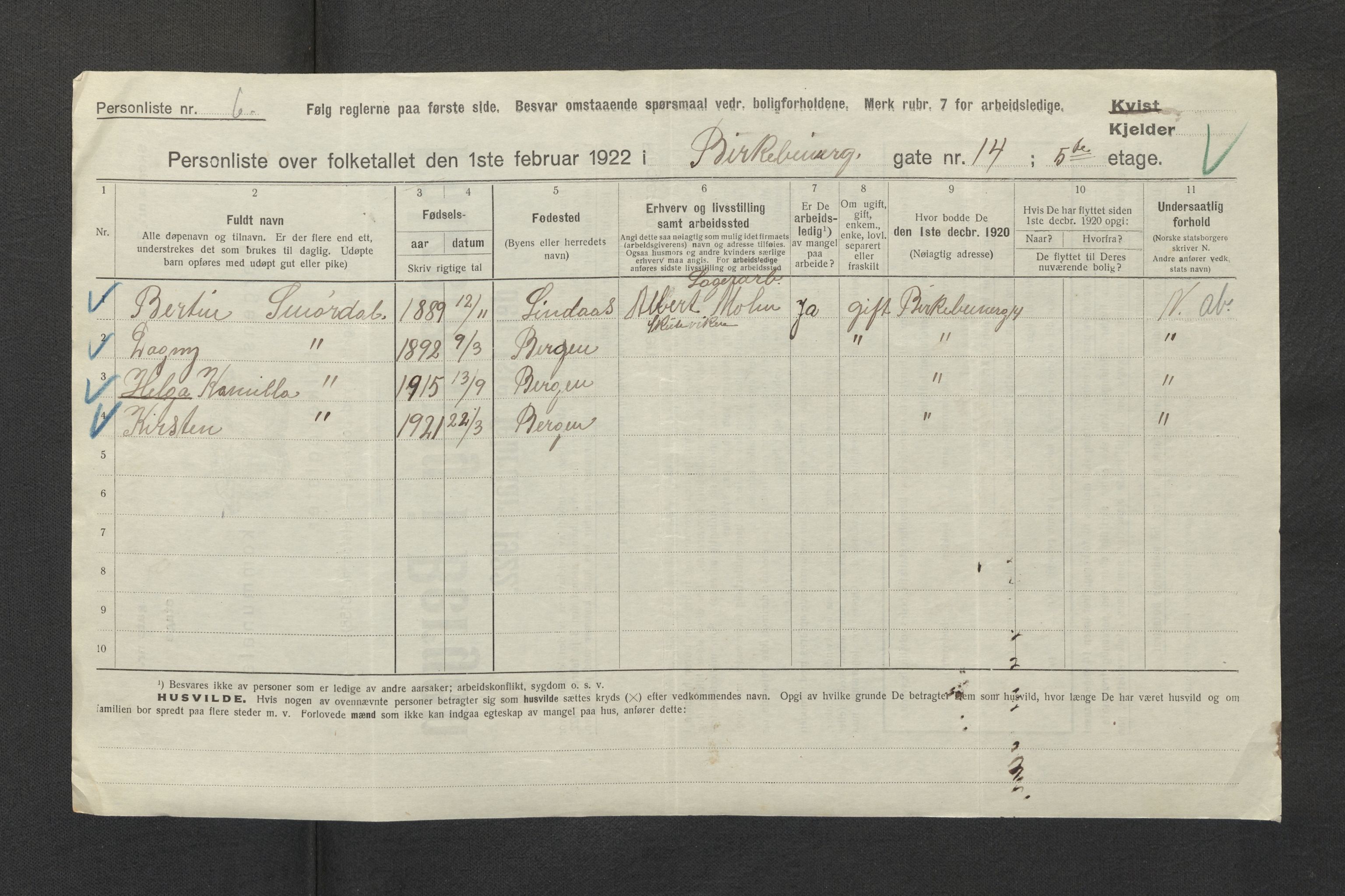 SAB, Municipal Census 1922 for Bergen, 1922, p. 2762