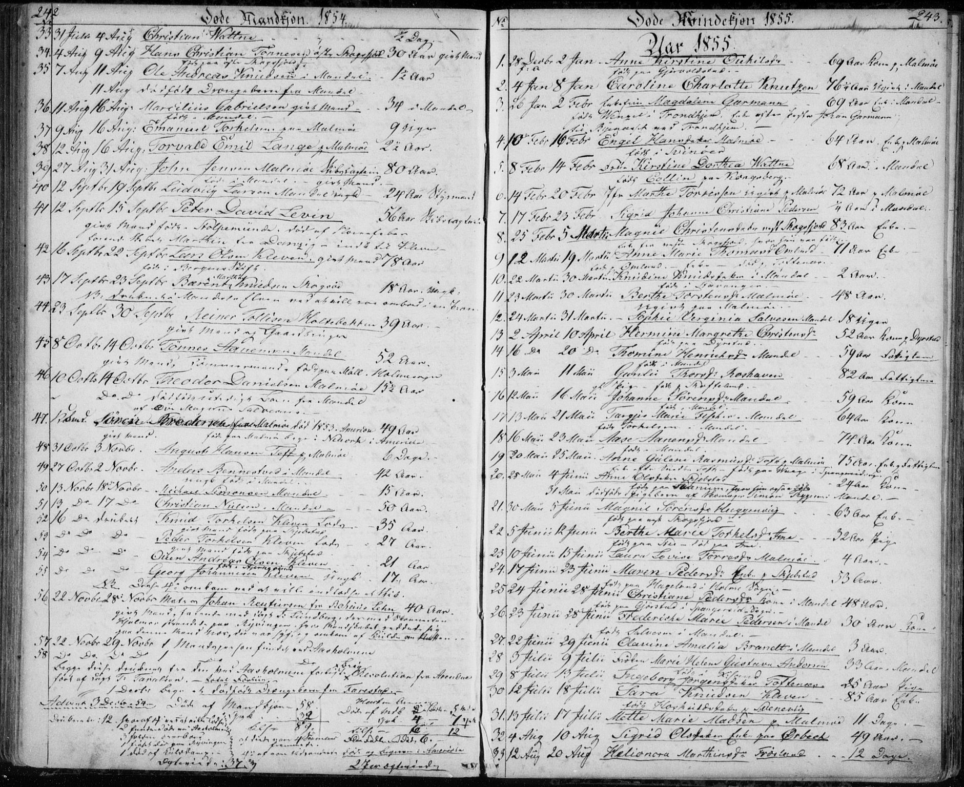 Mandal sokneprestkontor, AV/SAK-1111-0030/F/Fb/Fba/L0008: Parish register (copy) no. B 2, 1854-1868, p. 242-243