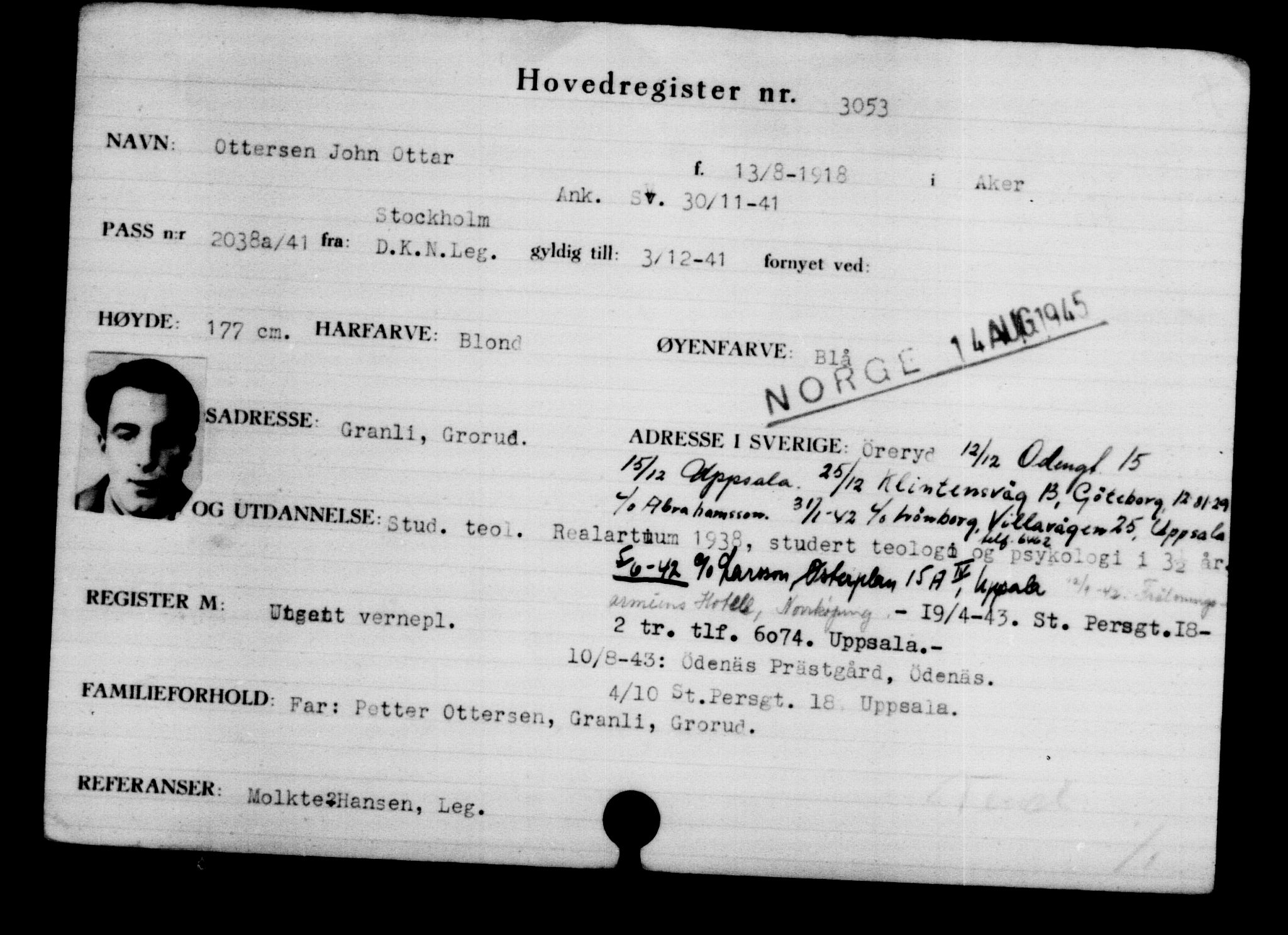 Utenriksstasjonene, Legasjonen i Stockholm, Flyktningkontoret, AV/RA-S-6753/V/Va/L0003: Kjesäterkartoteket, flyktninger med registreringsnr. 2001-3495, 1940-1945, p. 1478
