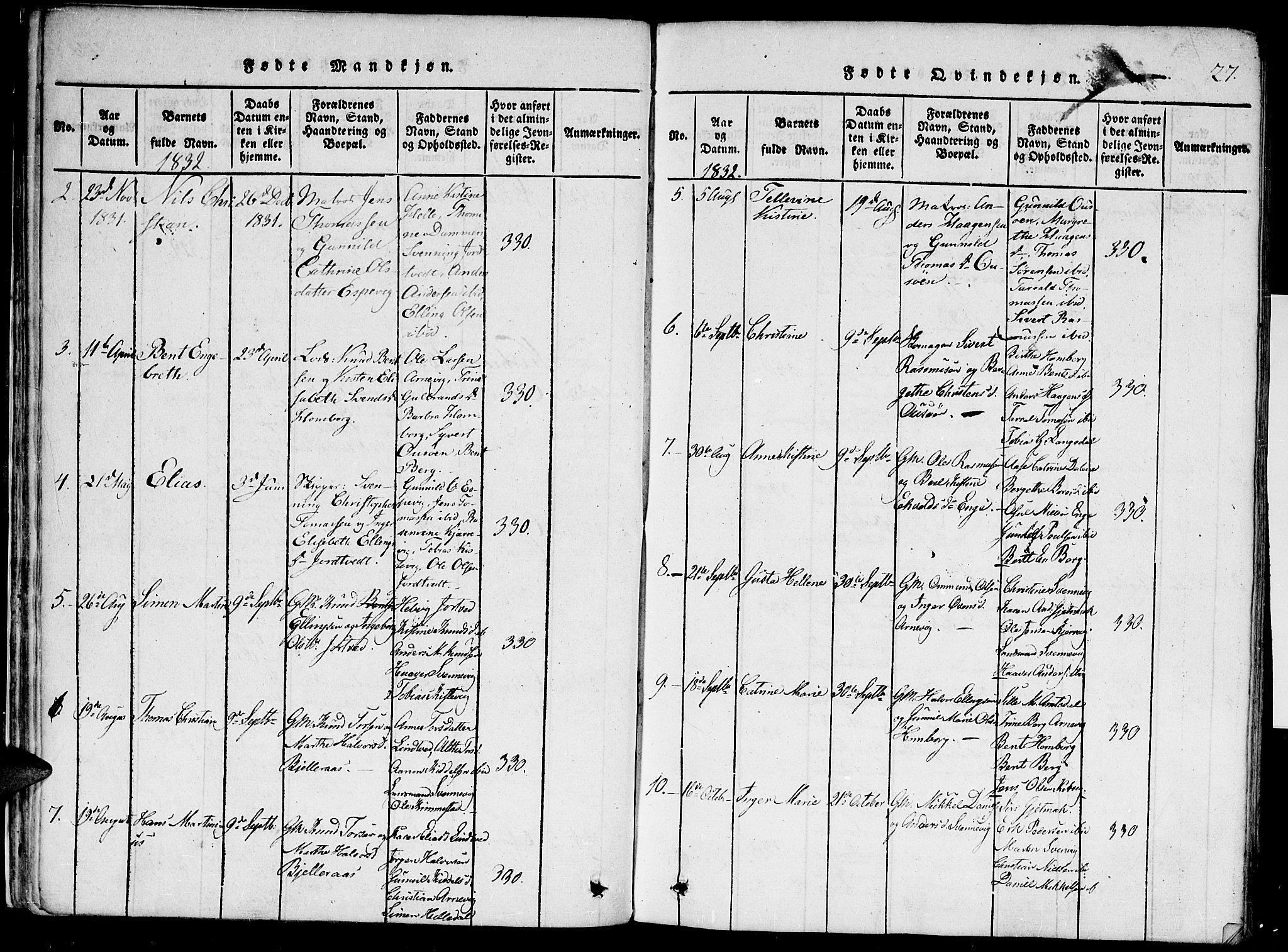 Hommedal sokneprestkontor, AV/SAK-1111-0023/F/Fa/Faa/L0001: Parish register (official) no. A 1, 1816-1860, p. 27