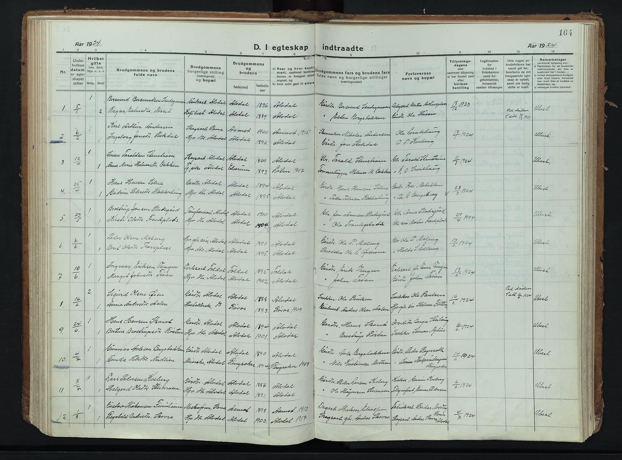 Alvdal prestekontor, AV/SAH-PREST-060/H/Ha/Haa/L0006: Parish register (official) no. 6, 1920-1937, p. 164