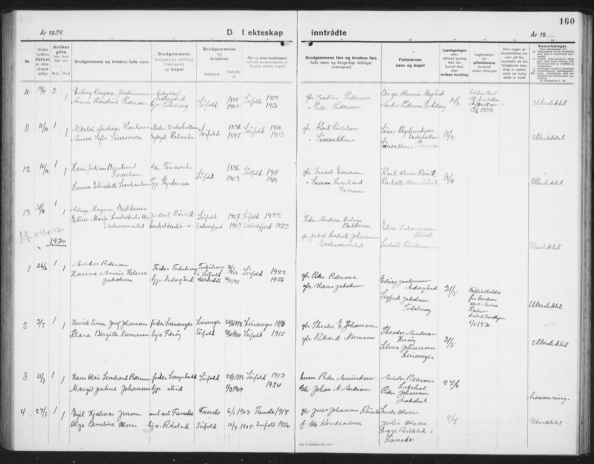 Ministerialprotokoller, klokkerbøker og fødselsregistre - Nordland, AV/SAT-A-1459/854/L0788: Parish register (copy) no. 854C04, 1926-1940, p. 160