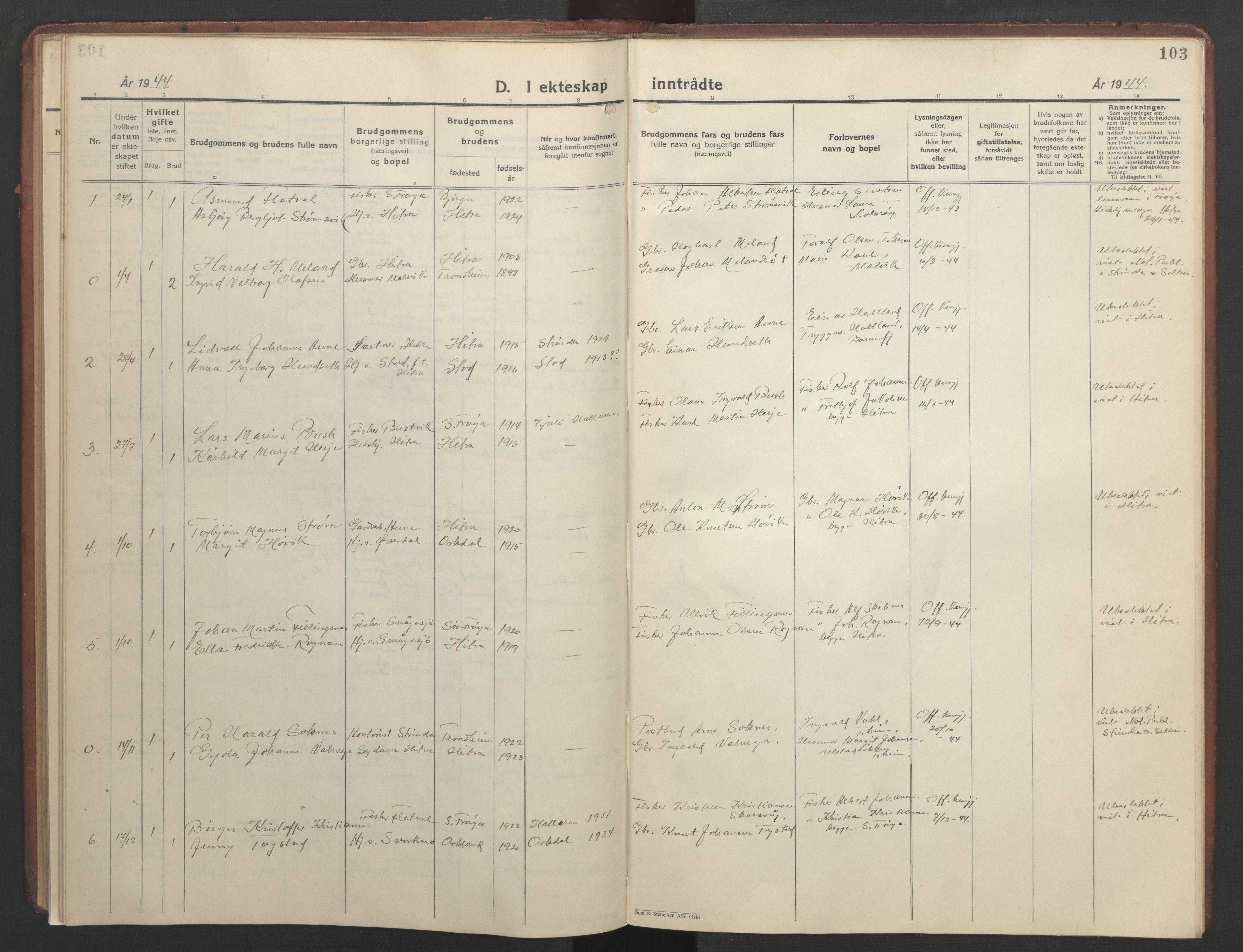 Ministerialprotokoller, klokkerbøker og fødselsregistre - Sør-Trøndelag, SAT/A-1456/634/L0544: Parish register (copy) no. 634C06, 1927-1948, p. 103
