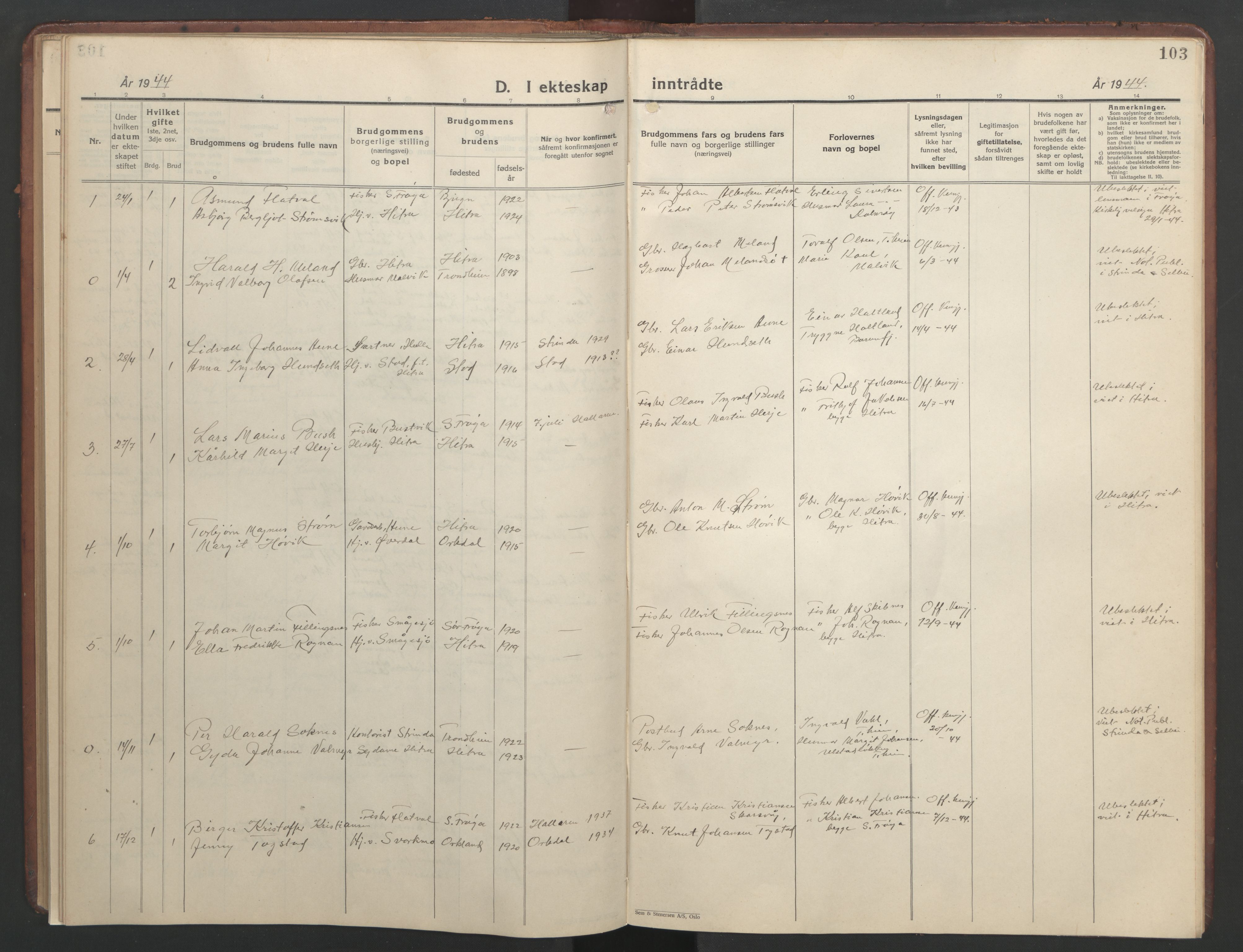 Ministerialprotokoller, klokkerbøker og fødselsregistre - Sør-Trøndelag, AV/SAT-A-1456/634/L0544: Parish register (copy) no. 634C06, 1927-1948, p. 103