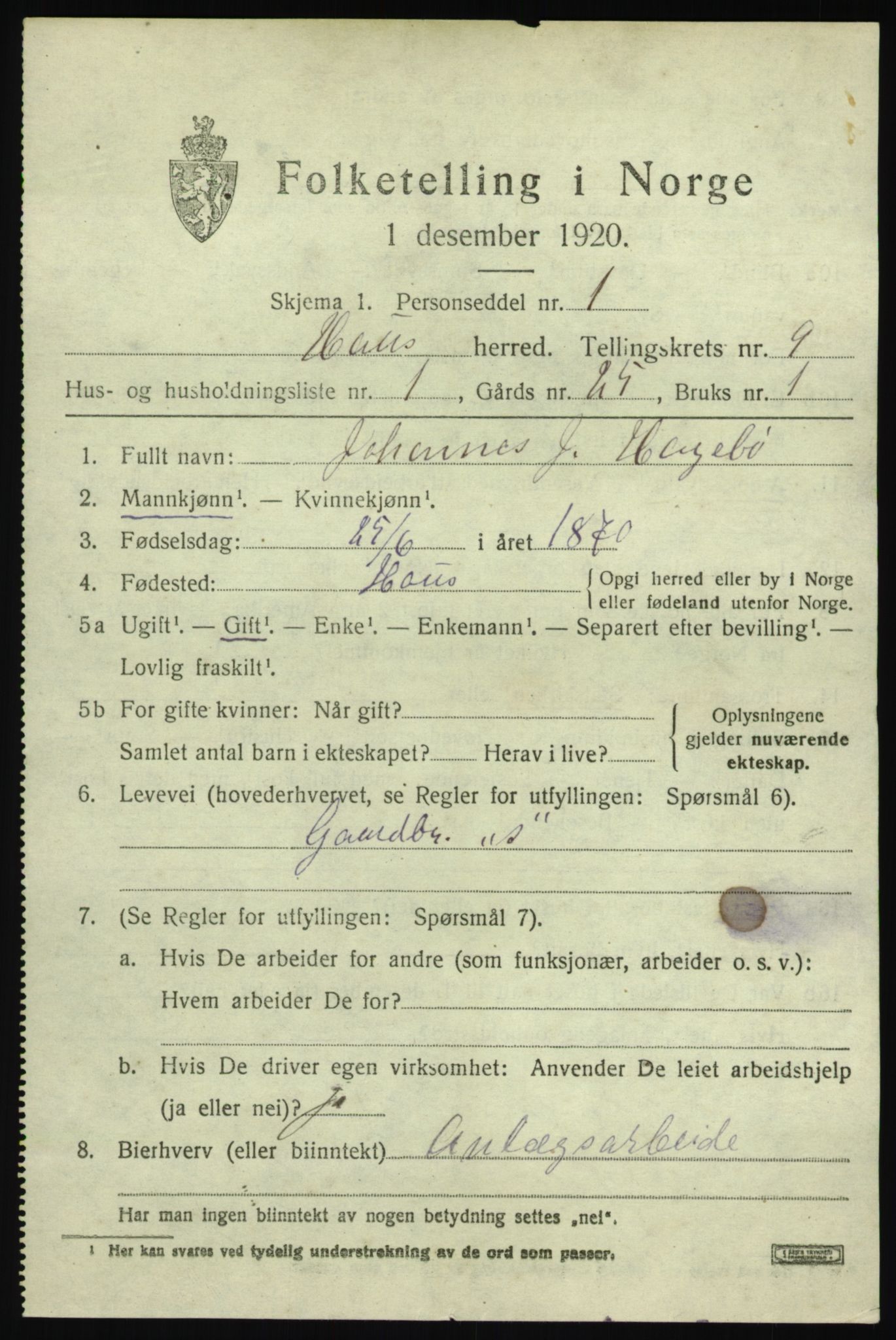 SAB, 1920 census for Haus, 1920, p. 5461